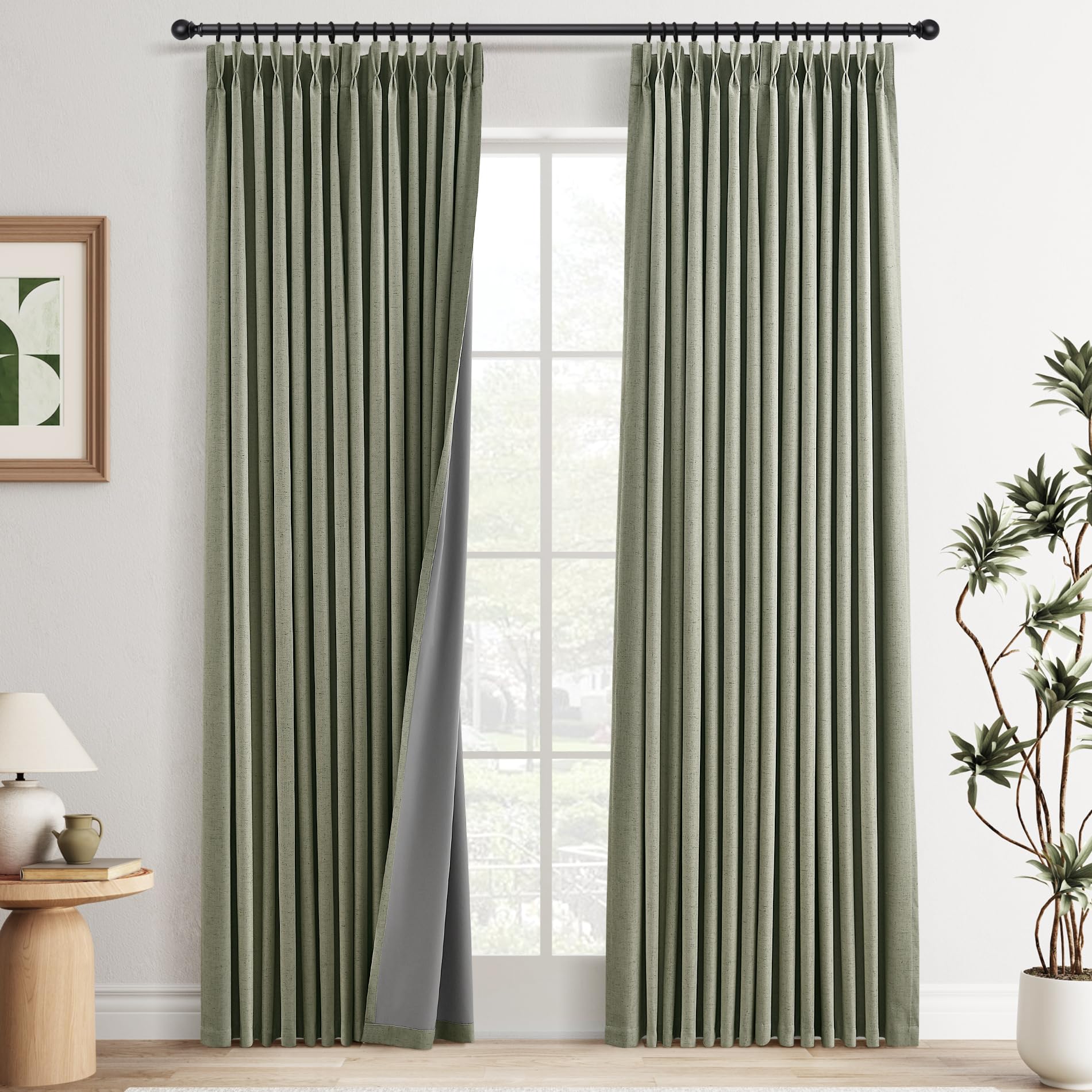 100% Blackout Sage Green Linen Curtains Pinch Pleated Green Blackout Curtains 84 Inches Long for Bedroom Living Room Memory Shaped Thermal Insulated Pinch Pleat Drapes with Hooks Rings Clips 7FT