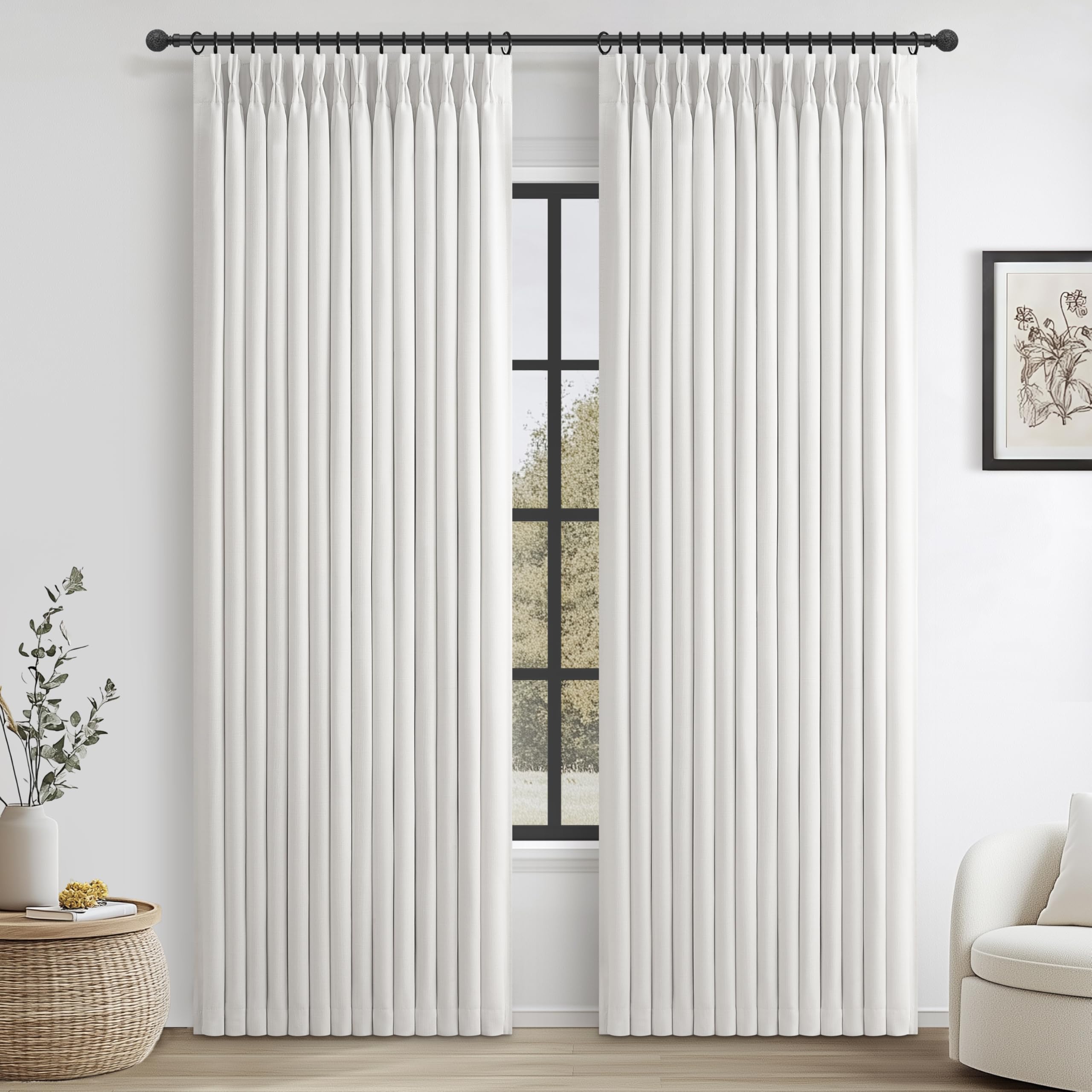 100% Blackout Linen 96 Inch Curtains 2 Panel Set for Bedroom, Modern Pinch Pleated Natural Linen Off Beige White Insulated Heavy Curtain 40 x 96 Inches Length Sliding Glass Door Room Darkening Drapes