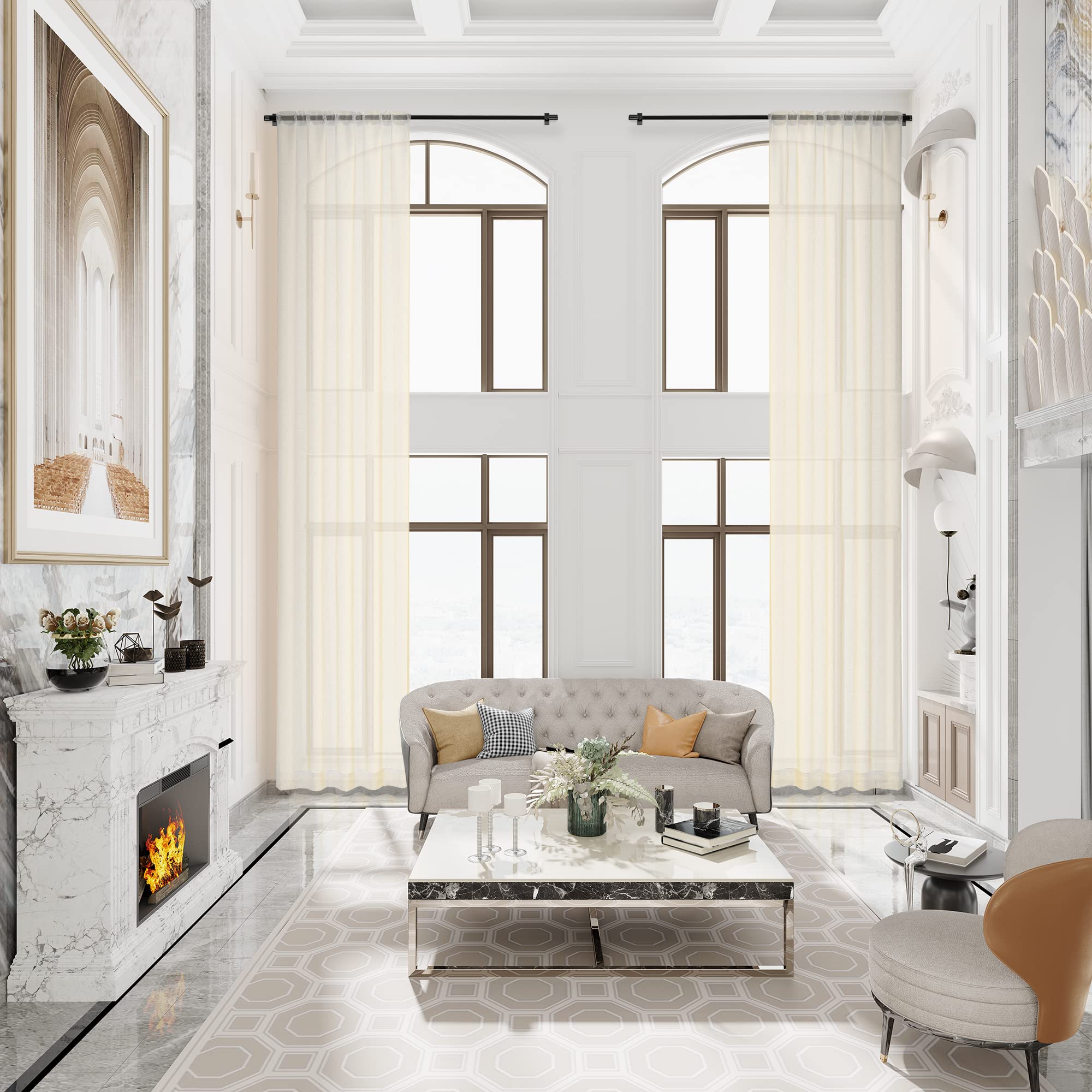 MASWOND Extra Long Faux Linen Sheer Curtain, High Ceilings, Rod Pocket Translucent Voile Sheer Breathable Curtain Panels for Living Room, Custom Made 16ft Length, 50" W x 192" L, White, 1 Panel