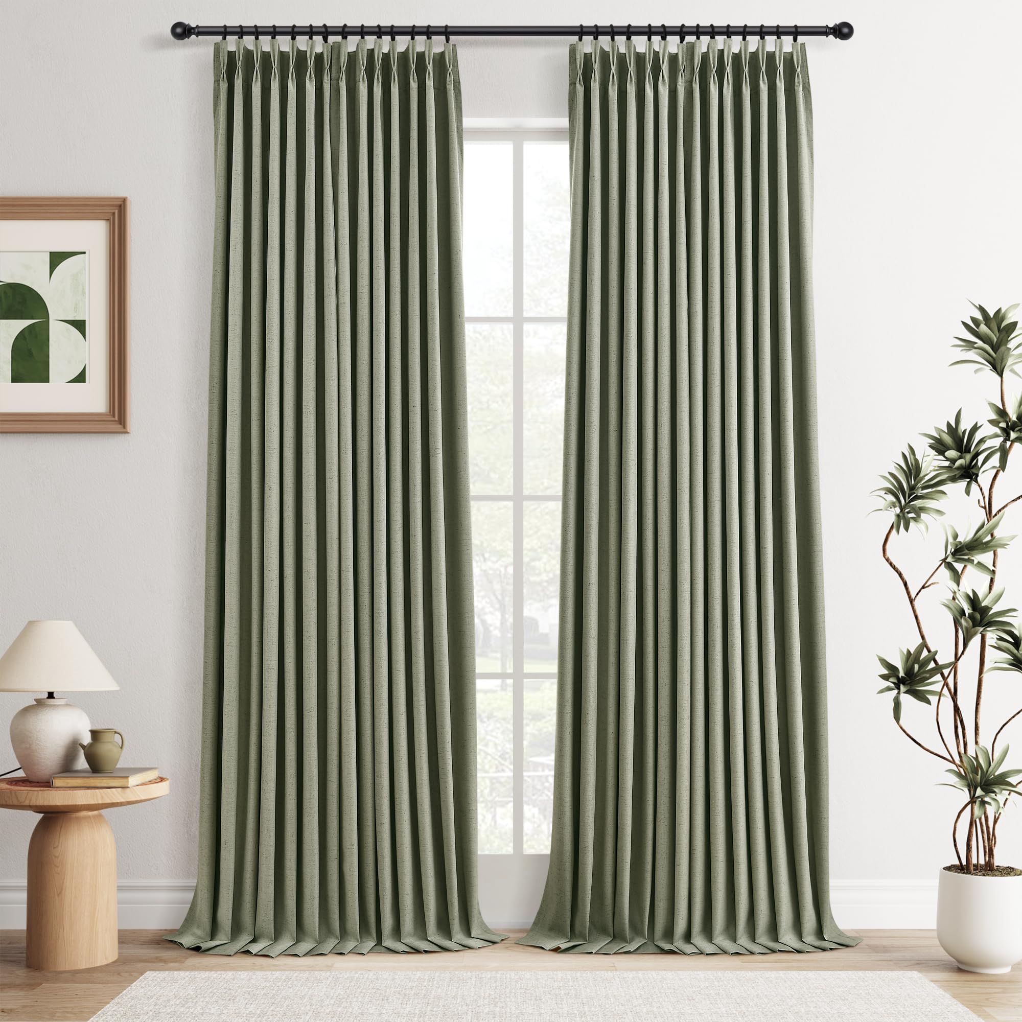 100% Blackout Sage Green Linen Curtains Pinch Pleated Green Blackout Curtains 84 Inches Long for Bedroom Living Room Memory Shaped Thermal Insulated Pinch Pleat Drapes with Hooks Rings Clips 7FT