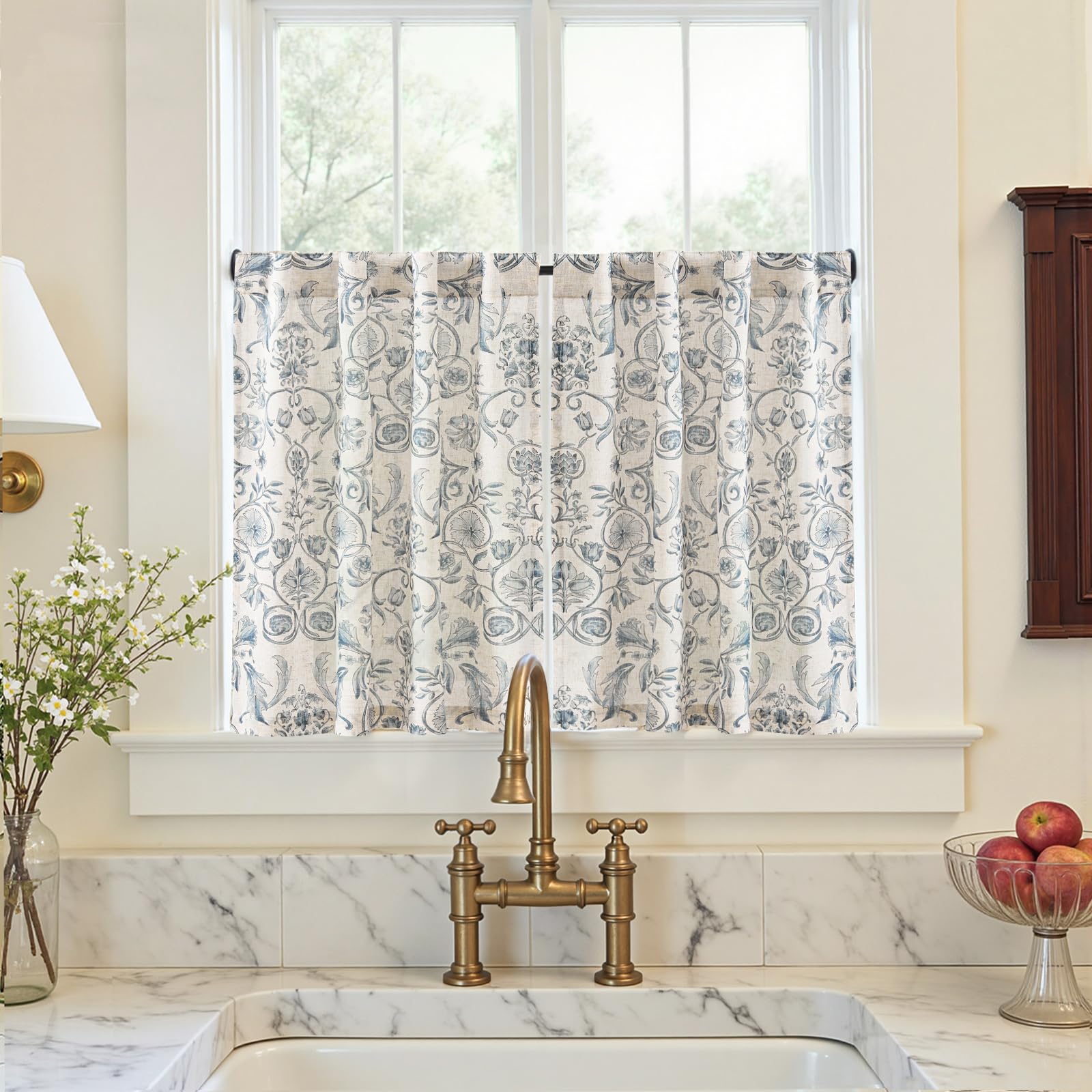 jinchan Linen Kitchen Curtains 24 Inch Vintage Floral Tier Curtains Farmhouse Cottage Cafe Rod Pocket Country Small Window for Laundry Room Bathroom RV 2 Panels Blue on Beige