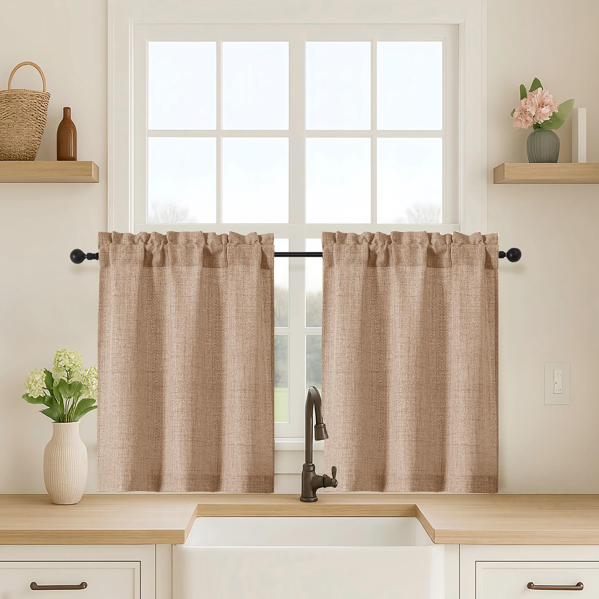 OVZME Kitchen Curtains 24 Inch Length, Light Filtering Faux Linen Textured Small Cafe Curtains, Short Window Curtain Tiers for Cabinet Bathroom Basement RV Camper, 30Wx24L Inch, 2PCS, Terracotta