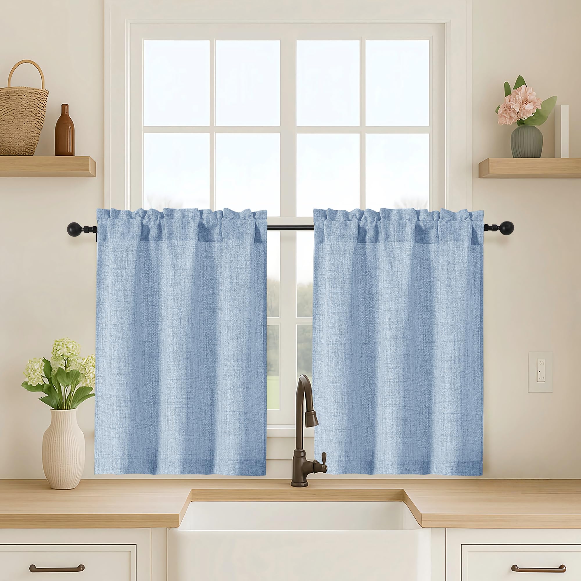 OVZME Kitchen Curtains 24 Inch Length, Light Filtering Faux Linen Textured Small Cafe Curtains, Short Window Curtain Tiers for Cabinet Bathroom Basement RV Camper, 30Wx24L Inch, 2PCS, Terracotta
