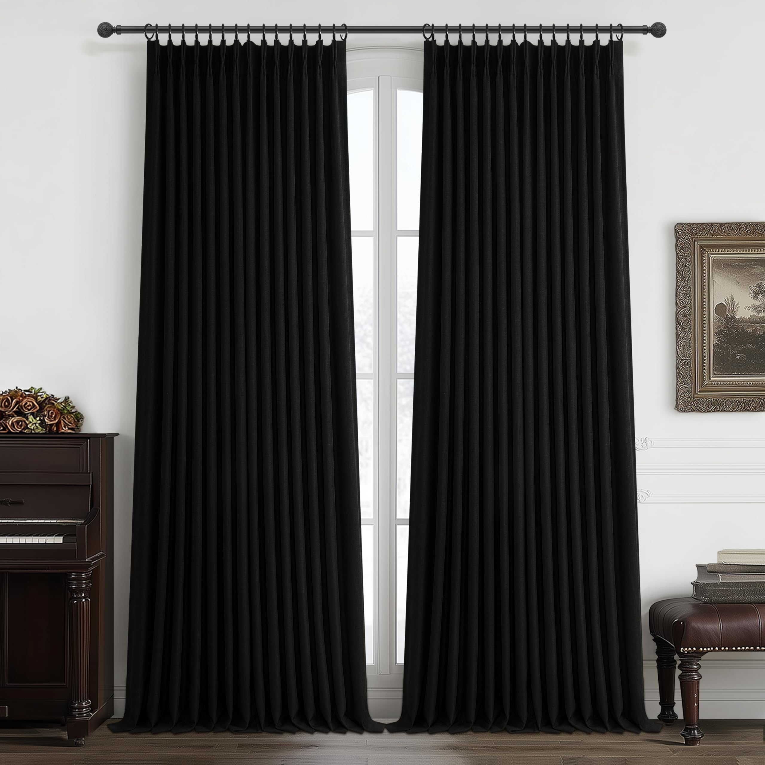 100% Blackout Linen 96 Inch Curtains 2 Panel Set for Bedroom, Modern Pinch Pleated Natural Linen Off Beige White Insulated Heavy Curtain 40 x 96 Inches Length Sliding Glass Door Room Darkening Drapes