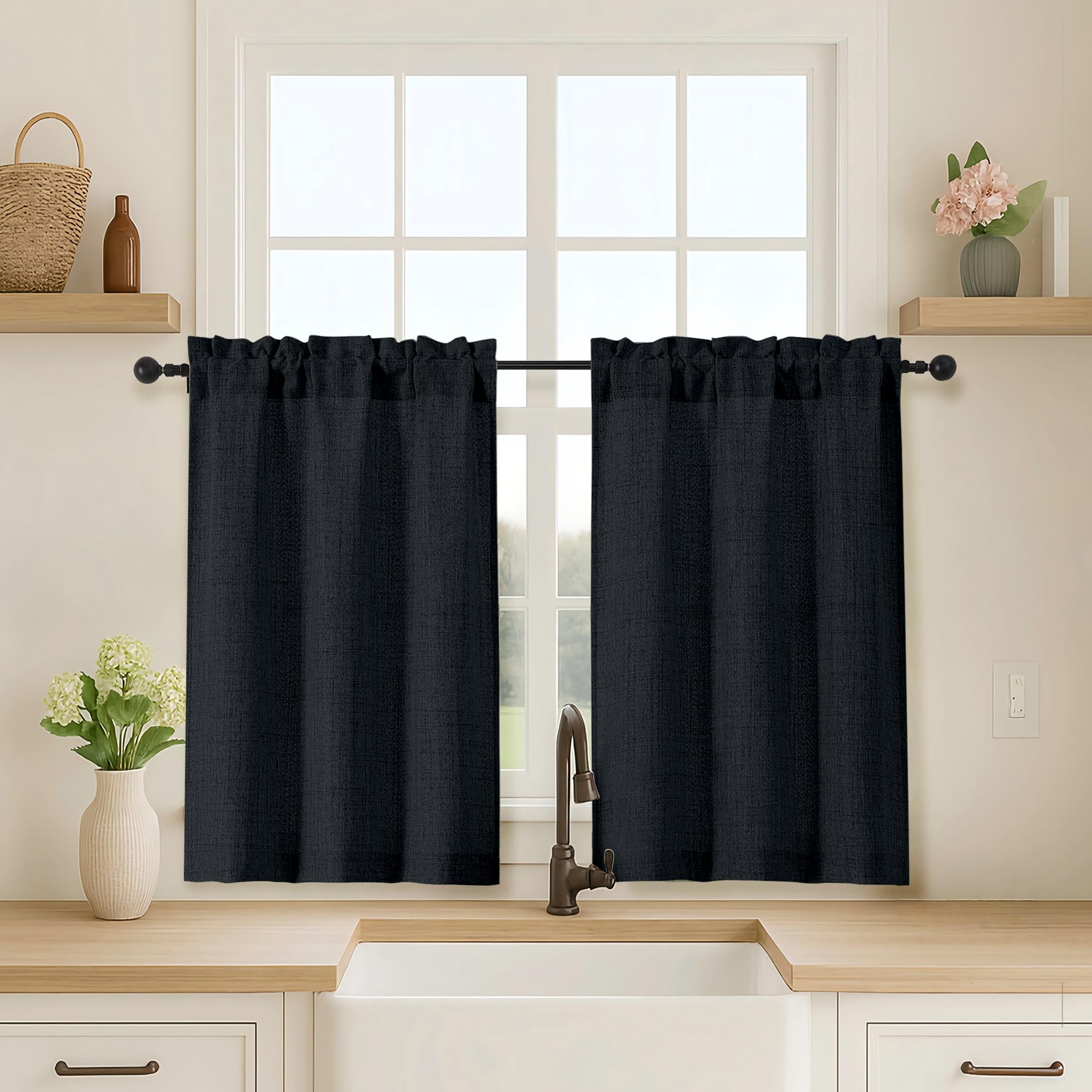 OVZME Kitchen Curtains 24 Inch Length, Light Filtering Faux Linen Textured Small Cafe Curtains, Short Window Curtain Tiers for Cabinet Bathroom Basement RV Camper, 30Wx24L Inch, 2PCS, Terracotta