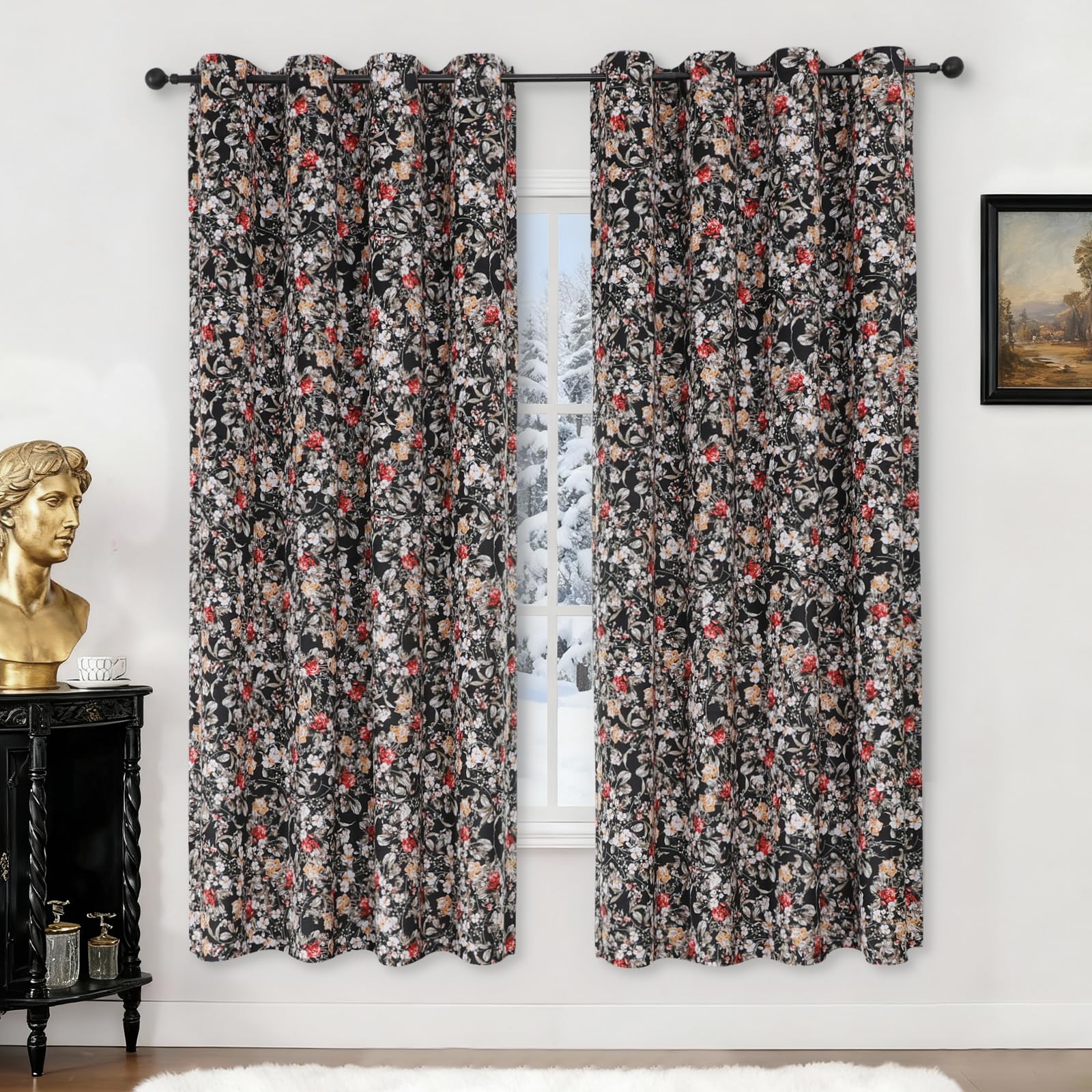 Estelar Textiler Black Velvet Blackout Curtains 84 Inch Long for Living Room, Luxury Floral Printed Energy Saving Thermal Insulated Light Blocking Window Grommet Drapes for Bedroom, 52Wx84L, 2 Panels