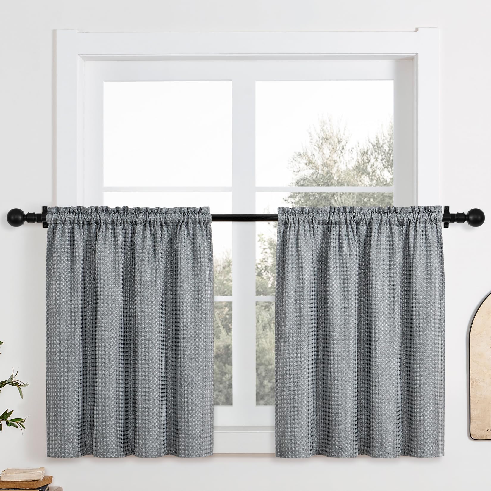Home Queen White Water Resistant Bathroom Window Curtain, Waffle Textured Half Tier Curtains for Kitchen Cafe, 36" W X 45" L Inches, Set of 2