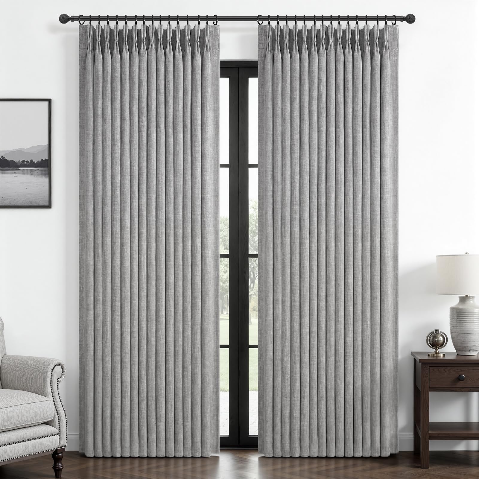 100% Blackout Linen 96 Inch Curtains 2 Panel Set for Bedroom, Modern Pinch Pleated Natural Linen Off Beige White Insulated Heavy Curtain 40 x 96 Inches Length Sliding Glass Door Room Darkening Drapes