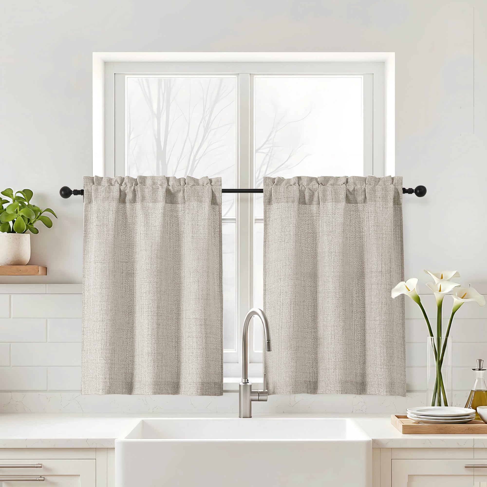 Navy Blue Kitchen Curtains 24 Inch Length - Faux Linen Textured Light Filtering Short Curtains for Bathroom, Rod Pocket Small Kitchen Window Curtains Over Sink, 2 Panels, 30Wx24L Inches