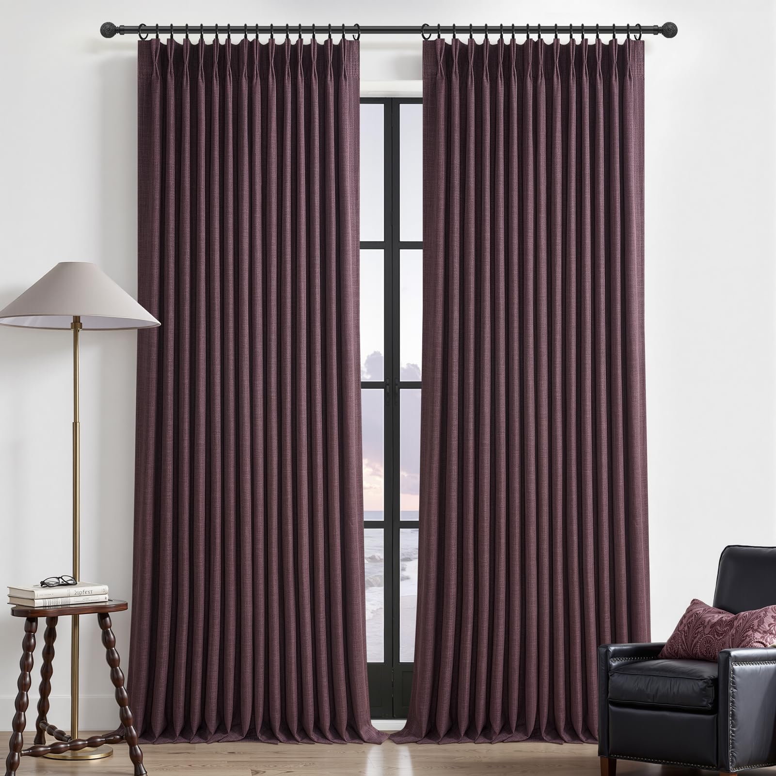 100% Blackout Linen 96 Inch Curtains 2 Panel Set for Bedroom, Modern Pinch Pleated Natural Linen Off Beige White Insulated Heavy Curtain 40 x 96 Inches Length Sliding Glass Door Room Darkening Drapes