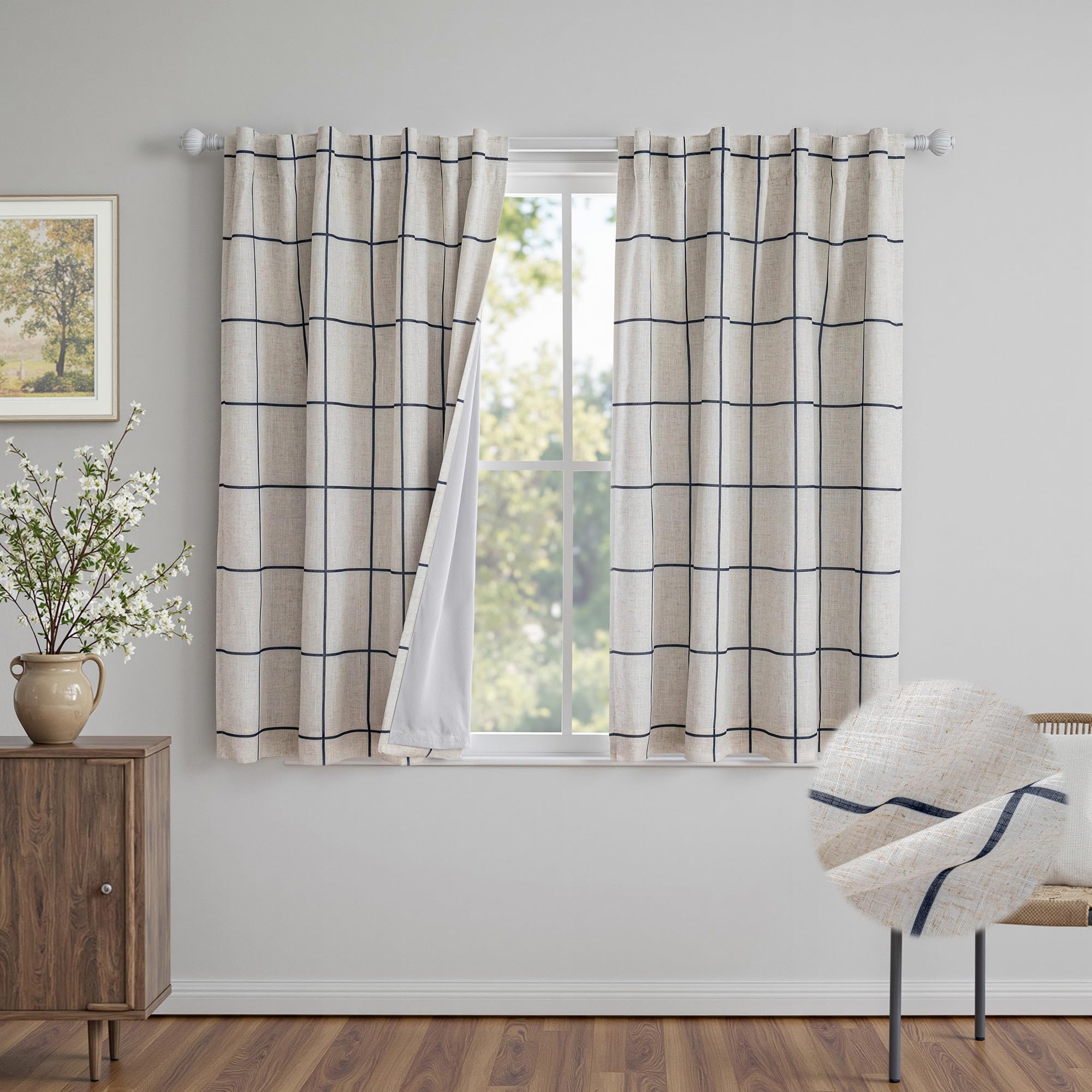 MYSKY HOME 100% Blackout Plaid Farmhouse Linen Curtains 84 Inch Long 2 Panels Set for Living Room Double Layer Windowpane Drapes Thermal Insulated Privacy Protection Rod Pocket Back Tab, 52" W, Black
