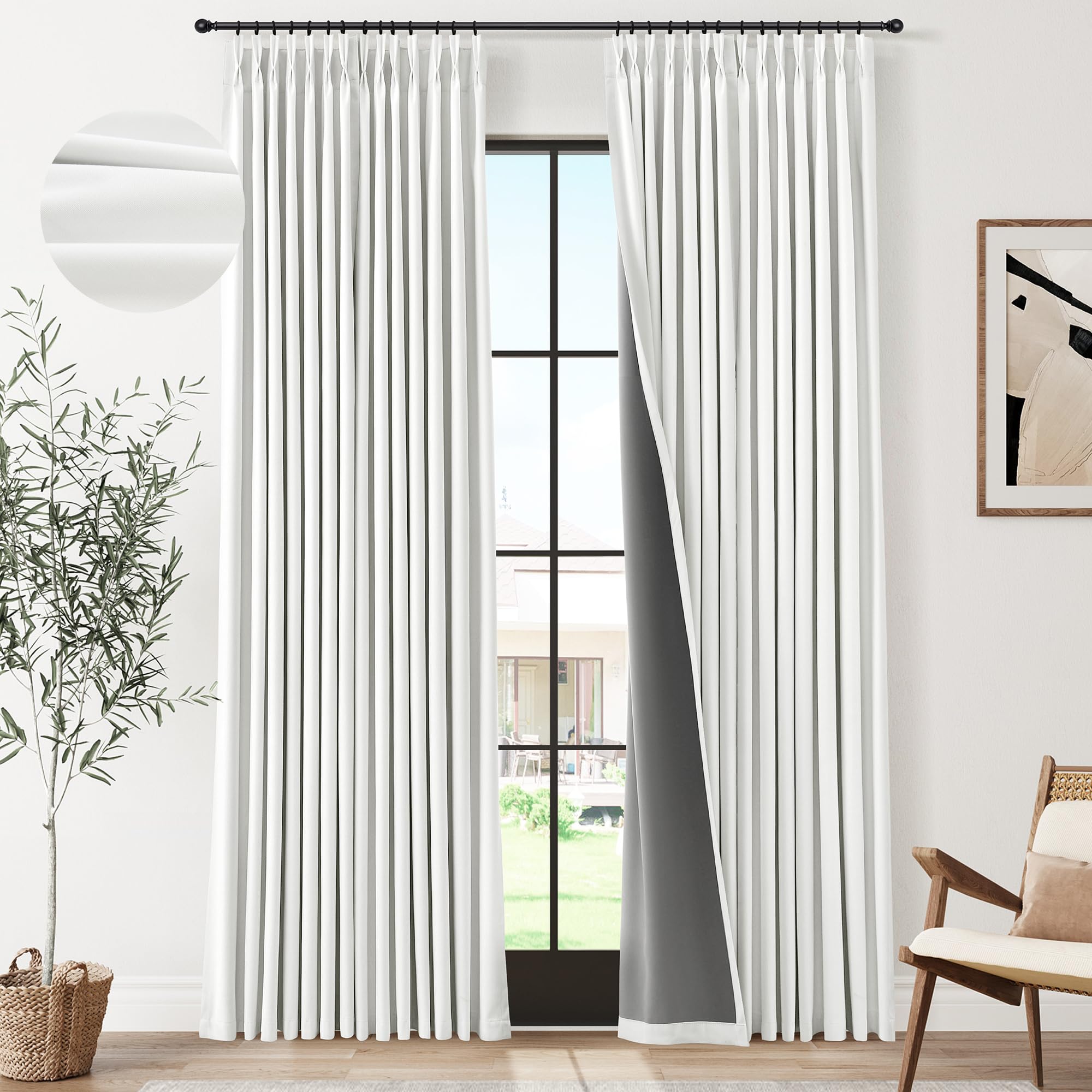 100% Blackout Sage Green Linen Curtains Pinch Pleated Green Blackout Curtains 84 Inches Long for Bedroom Living Room Memory Shaped Thermal Insulated Pinch Pleat Drapes with Hooks Rings Clips 7FT