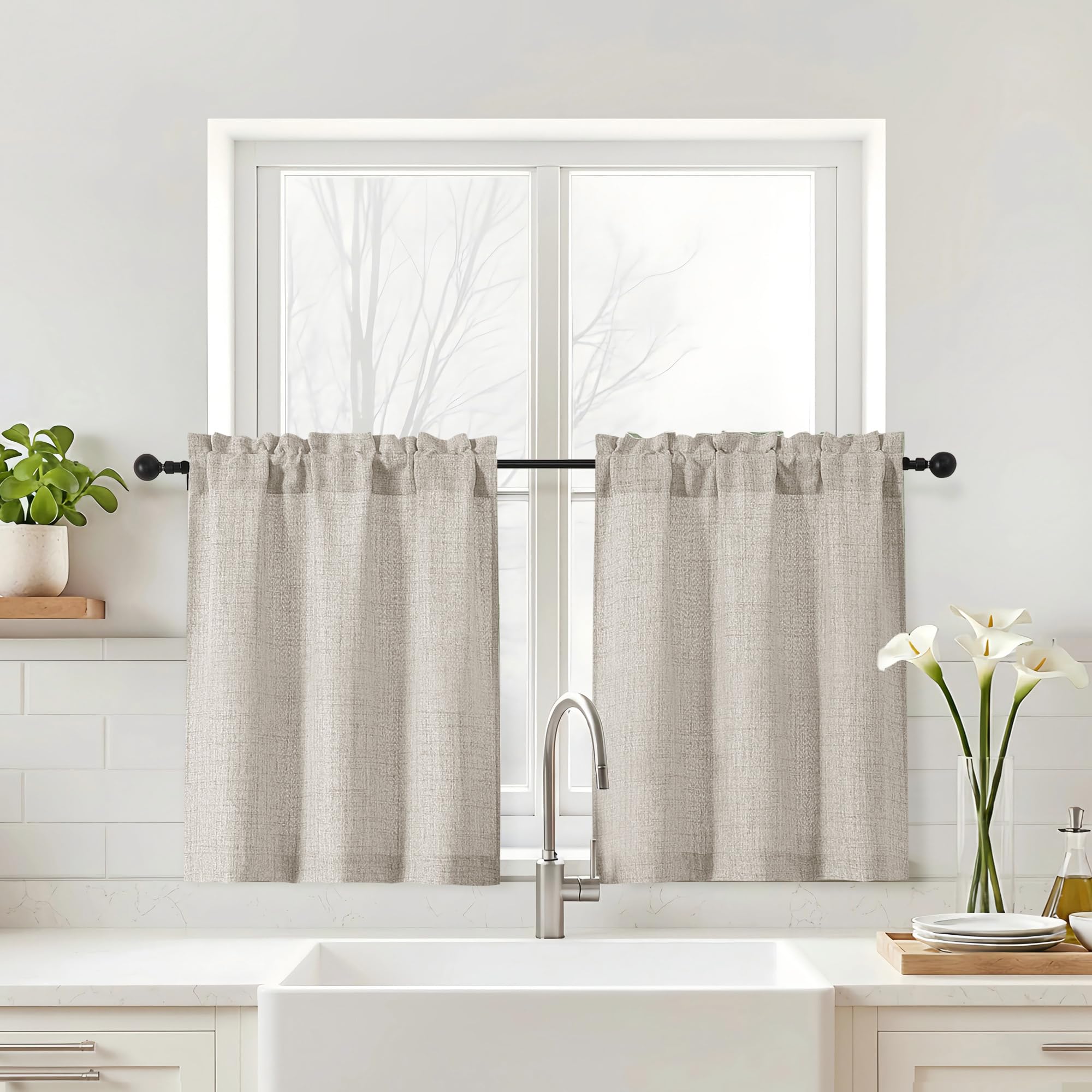 Navy Blue Kitchen Curtains 24 Inch Length - Faux Linen Textured Light Filtering Short Curtains for Bathroom, Rod Pocket Small Kitchen Window Curtains Over Sink, 2 Panels, 30Wx24L Inches