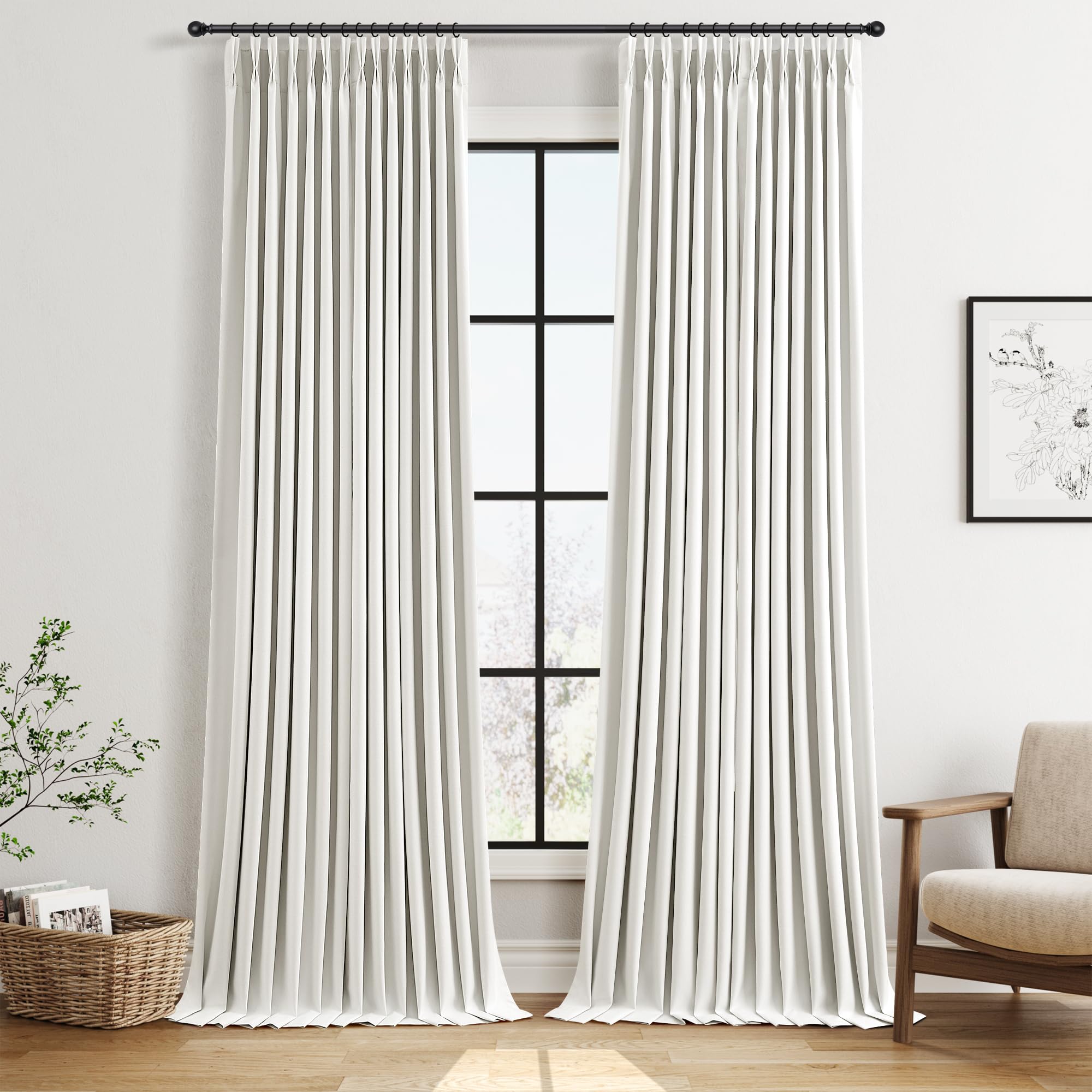 100% Blackout Sage Green Linen Curtains Pinch Pleated Green Blackout Curtains 84 Inches Long for Bedroom Living Room Memory Shaped Thermal Insulated Pinch Pleat Drapes with Hooks Rings Clips 7FT