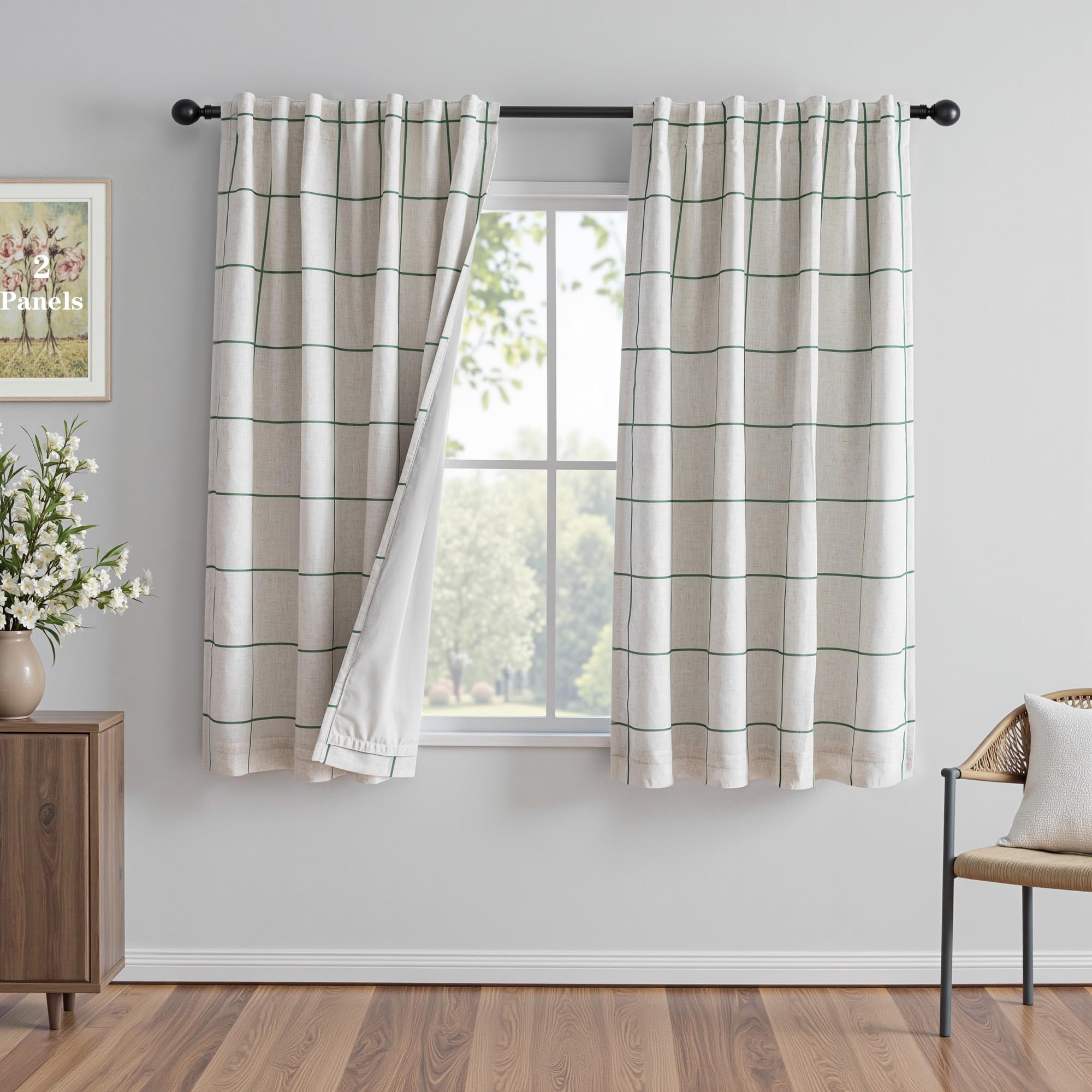 MYSKY HOME 100% Blackout Plaid Farmhouse Linen Curtains 84 Inch Long 2 Panels Set for Living Room Double Layer Windowpane Drapes Thermal Insulated Privacy Protection Rod Pocket Back Tab, 52" W, Black