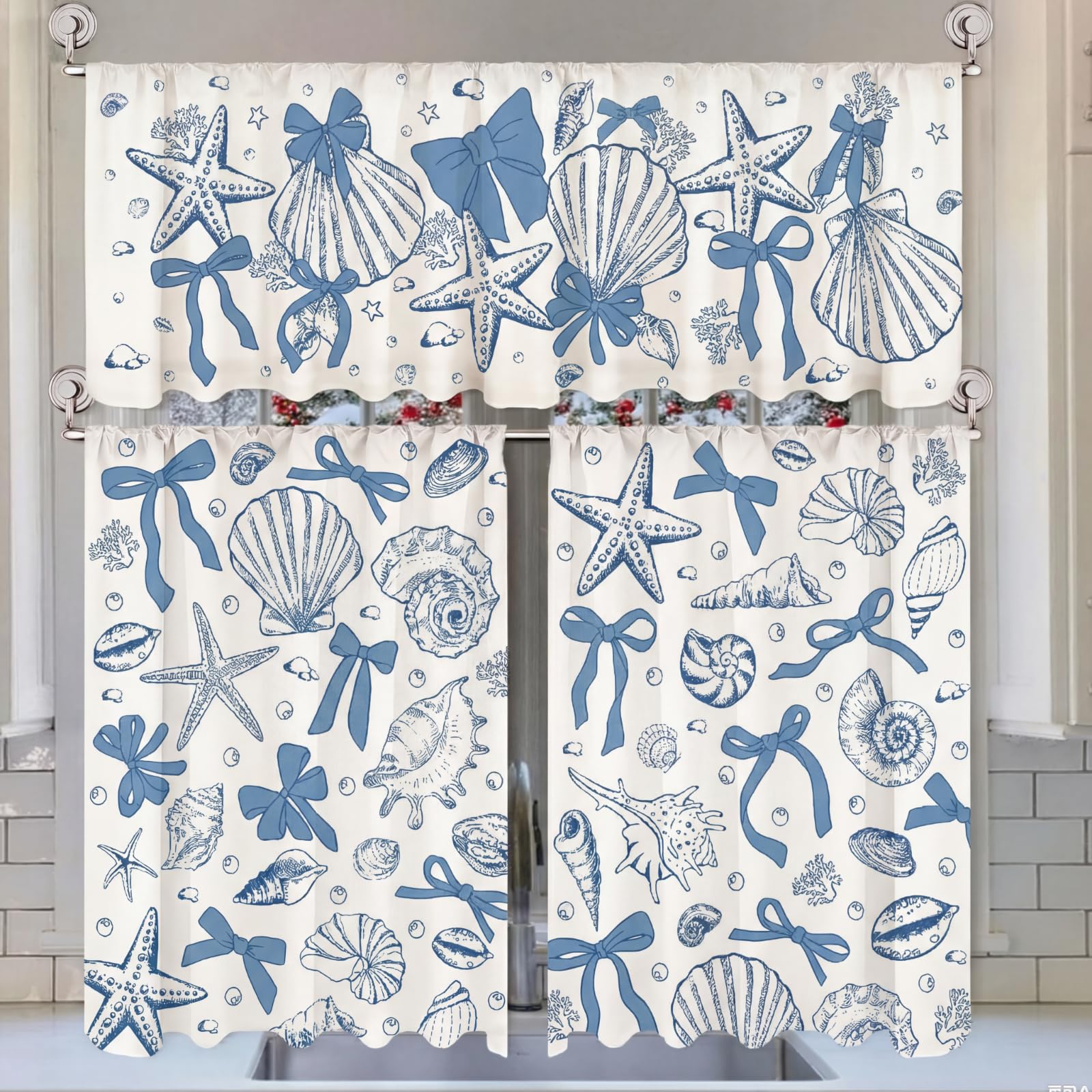 Breling 3 Pcs Teal Daisy Kitchen Curtains Valances and Tiers Set for Windows Spring Daisy Garden Flying Butterflies Boots Blue Decor Short Curtain Set for Bedroom Window Turquoise Decor Party Supplies