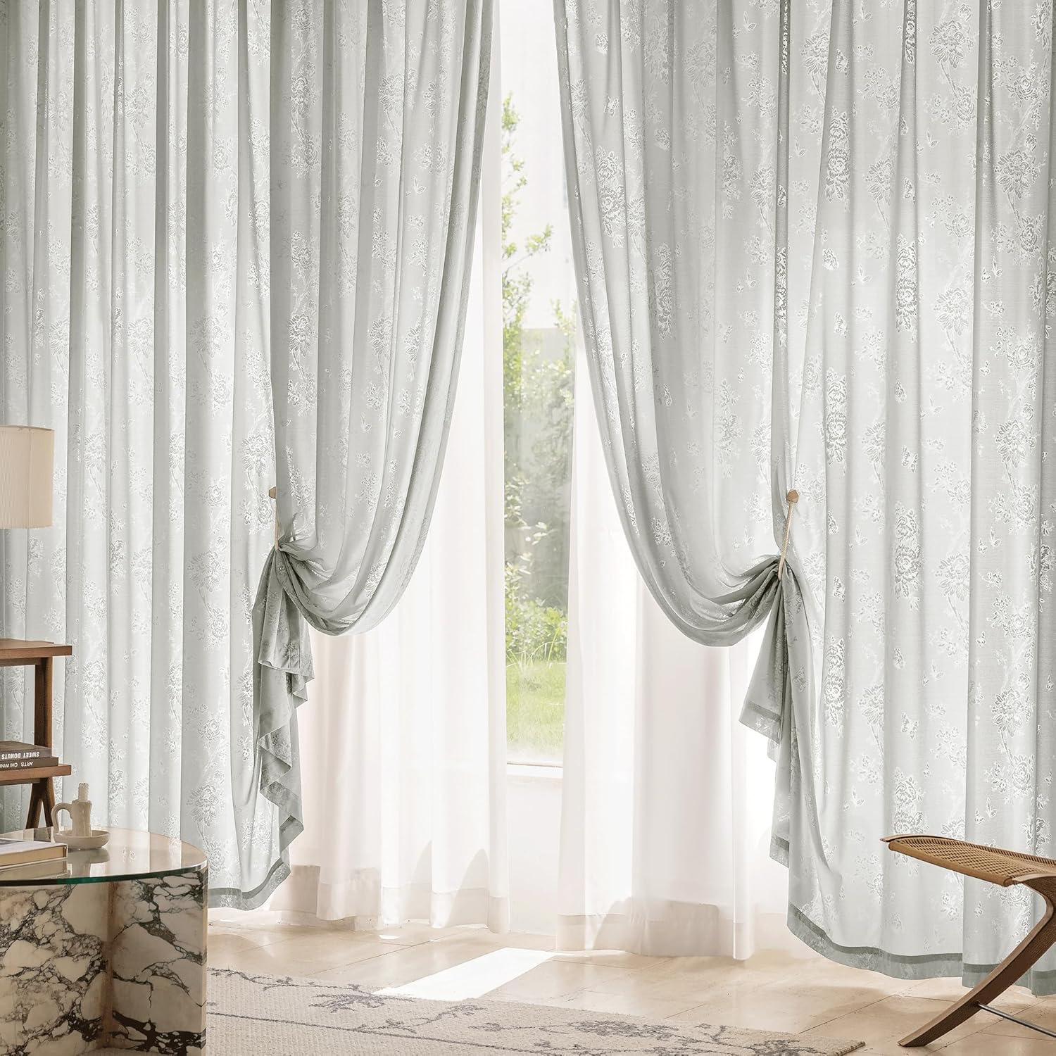 Beauoop Grey Floral Jacquard Sheer Curtains 84 Inches Long 2 Panels for Living Room Bedroom Semi Lace Flower Privacy Light Filtering Non-See-Through Velvet Textured Grommet Window Drapes, 52x84 2 Set