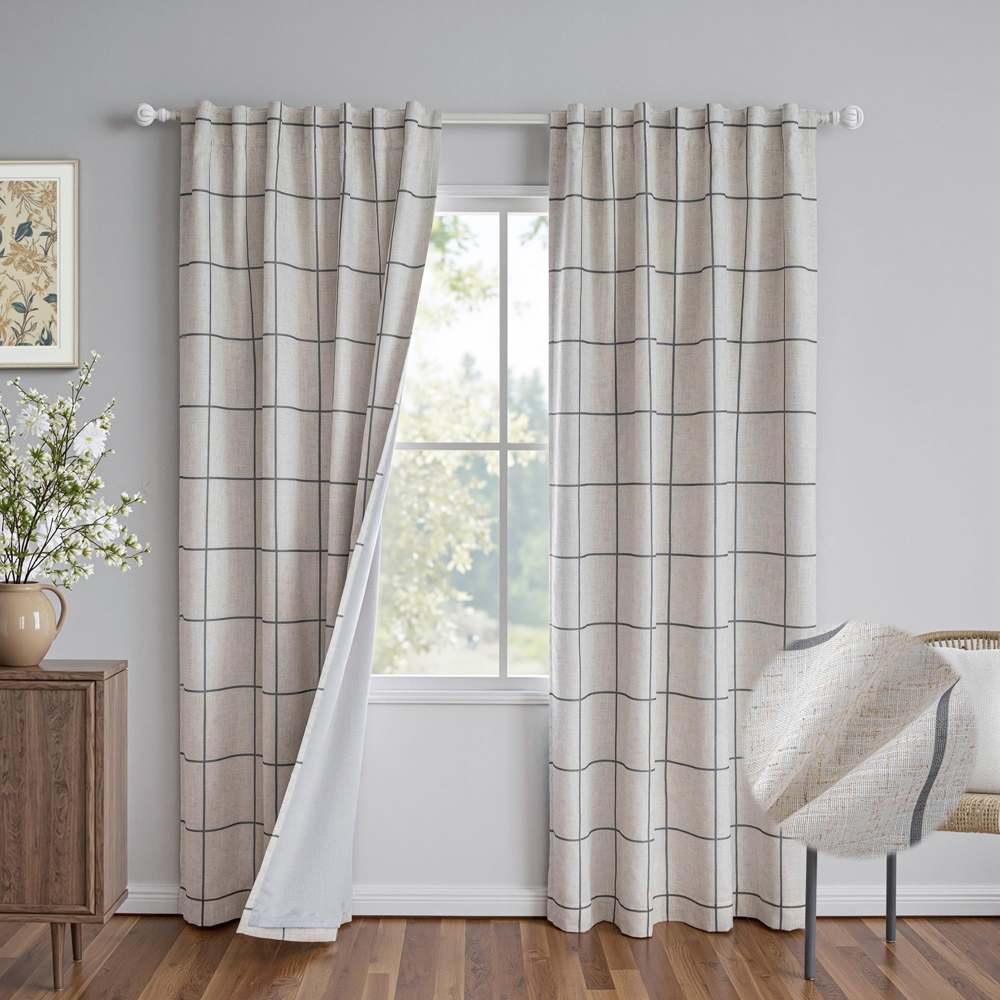 MYSKY HOME 100% Blackout Plaid Farmhouse Linen Curtains 84 Inch Long 2 Panels Set for Living Room Double Layer Windowpane Drapes Thermal Insulated Privacy Protection Rod Pocket Back Tab, 52" W, Black