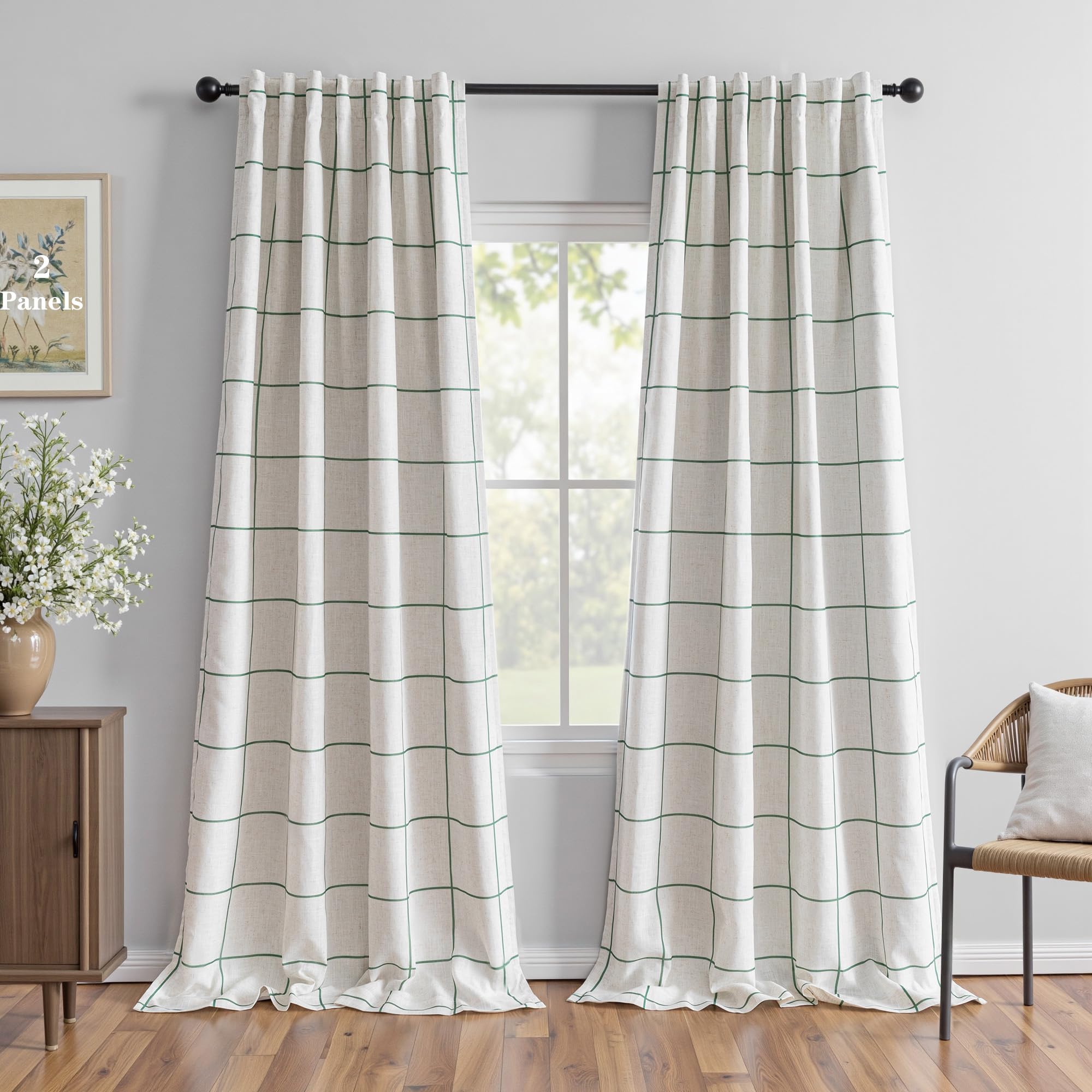 MYSKY HOME 100% Blackout Plaid Farmhouse Linen Curtains 84 Inch Long 2 Panels Set for Living Room Double Layer Windowpane Drapes Thermal Insulated Privacy Protection Rod Pocket Back Tab, 52" W, Black