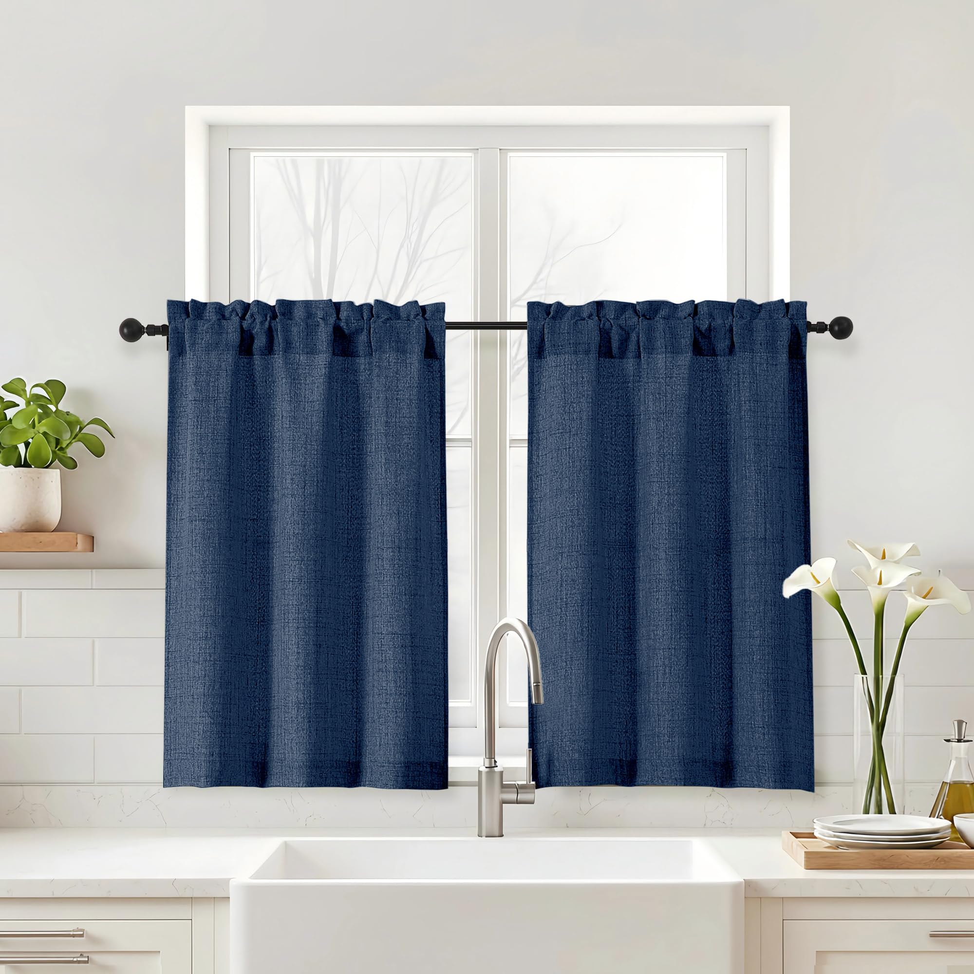 Navy Blue Kitchen Curtains 24 Inch Length - Faux Linen Textured Light Filtering Short Curtains for Bathroom, Rod Pocket Small Kitchen Window Curtains Over Sink, 2 Panels, 30Wx24L Inches