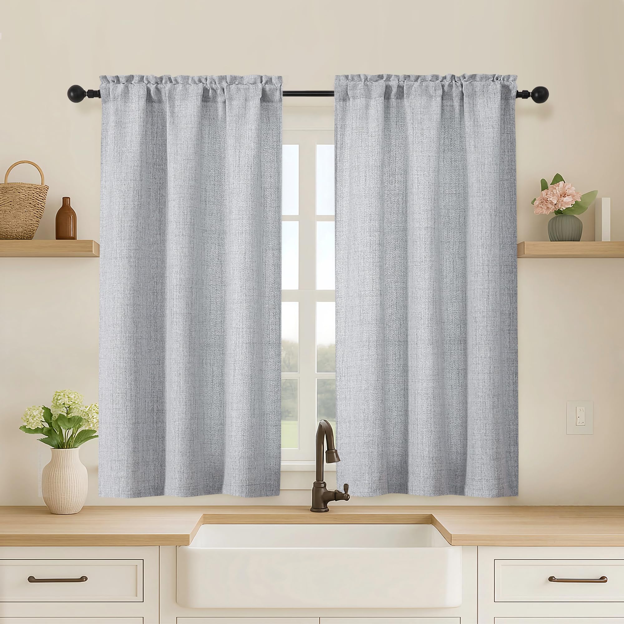 OVZME Kitchen Curtains 24 Inch Length, Light Filtering Faux Linen Textured Small Cafe Curtains, Short Window Curtain Tiers for Cabinet Bathroom Basement RV Camper, 30Wx24L Inch, 2PCS, Terracotta