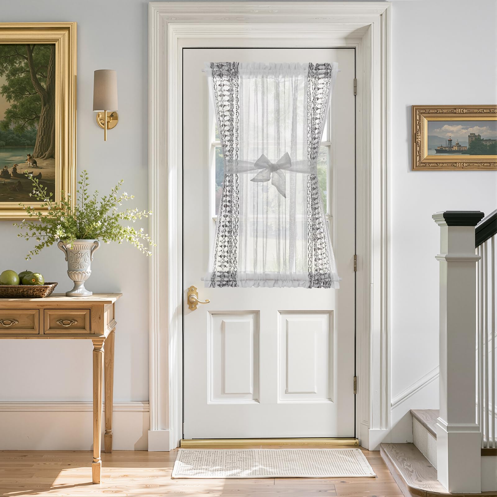 jinchan French Door Curtain Privacy Boho Embroidered Semi Sheer Voile Front Curtain for Window Doorway Closet, Door Panel with Tieback Rod Pocket 1 Panel (White on Beige, 55W x 40L Inch)