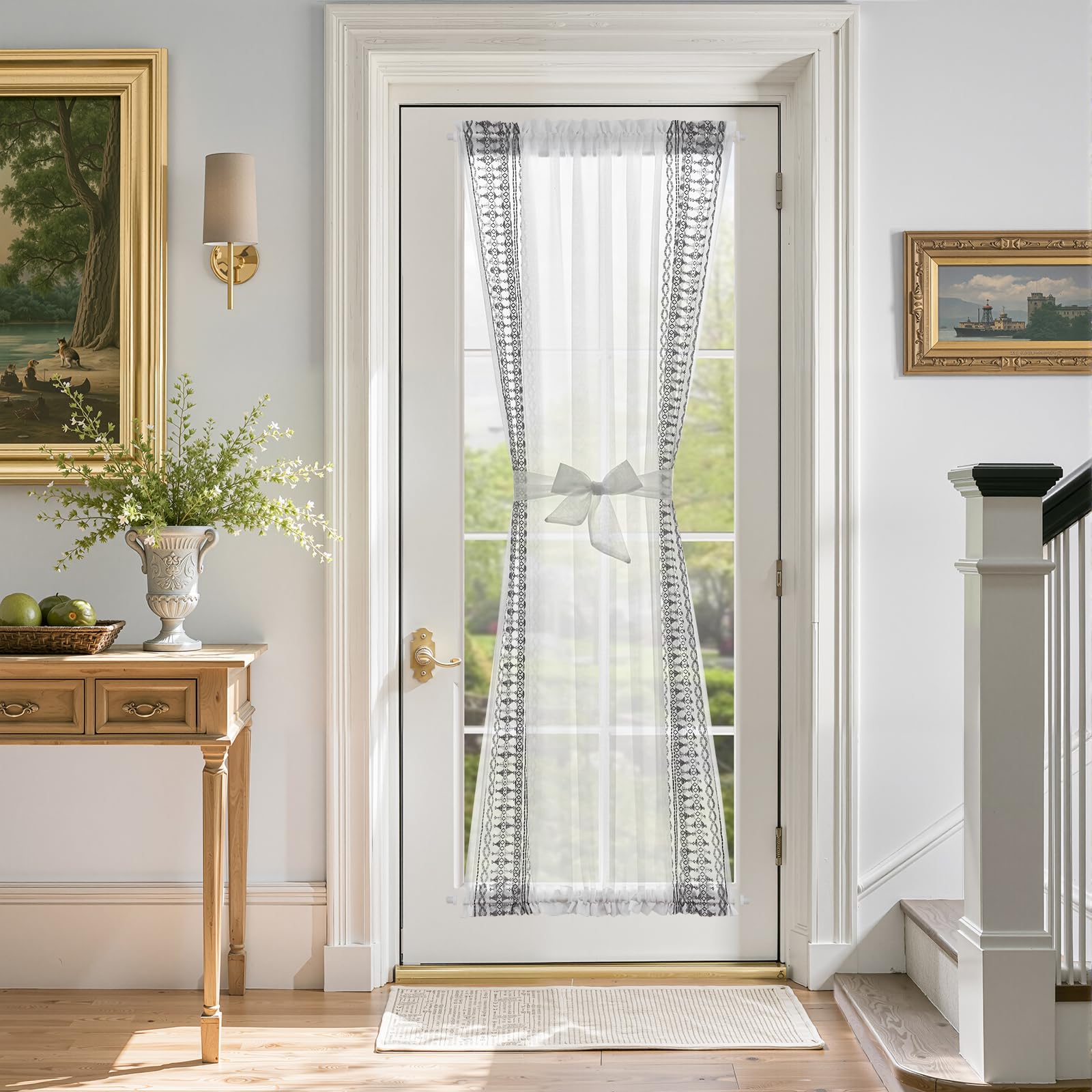 jinchan French Door Curtain Privacy Boho Embroidered Semi Sheer Voile Front Curtain for Window Doorway Closet, Door Panel with Tieback Rod Pocket 1 Panel (White on Beige, 55W x 40L Inch)