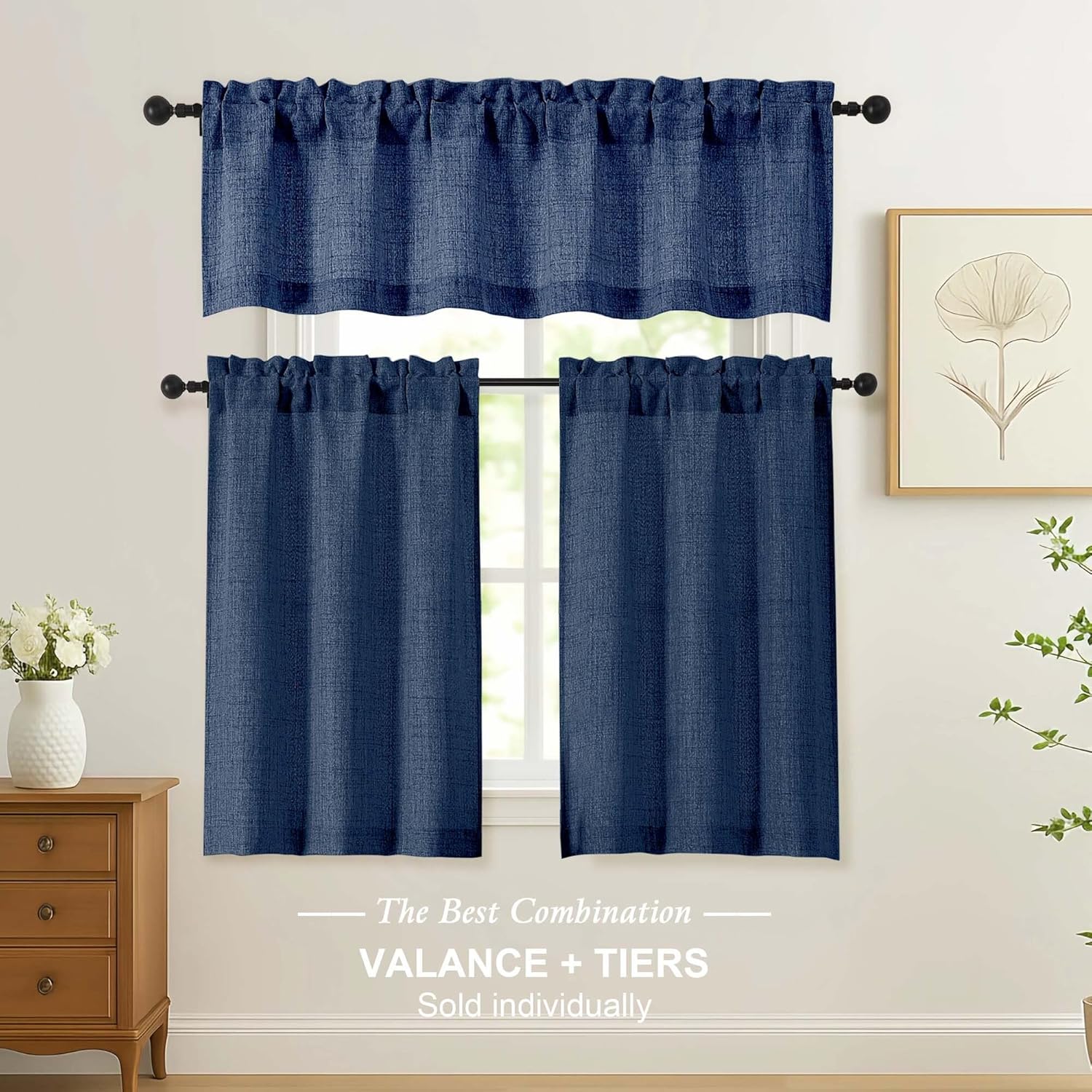 Navy Blue Kitchen Curtains 24 Inch Length - Faux Linen Textured Light Filtering Short Curtains for Bathroom, Rod Pocket Small Kitchen Window Curtains Over Sink, 2 Panels, 30Wx24L Inches