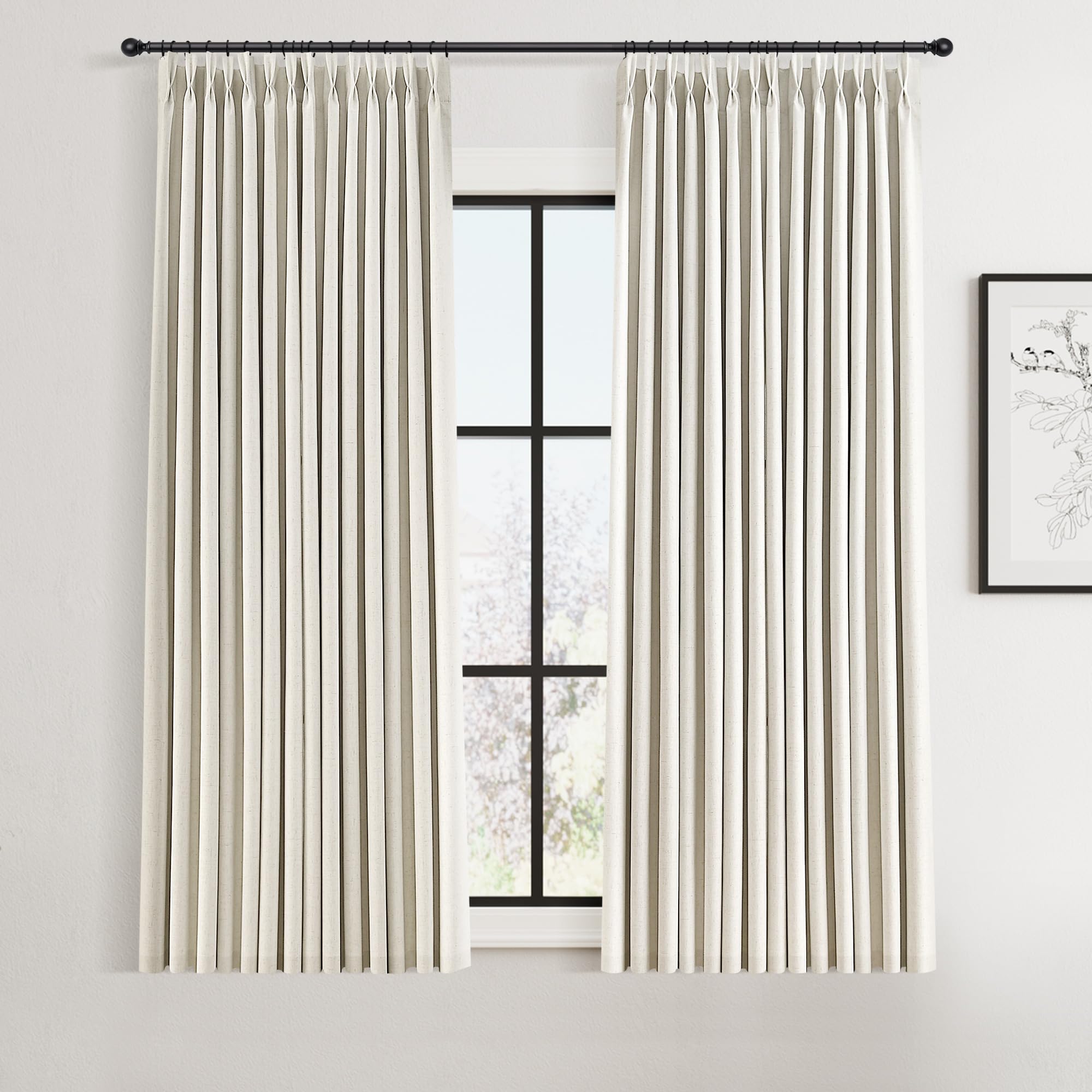 100% Blackout Sage Green Linen Curtains Pinch Pleated Green Blackout Curtains 84 Inches Long for Bedroom Living Room Memory Shaped Thermal Insulated Pinch Pleat Drapes with Hooks Rings Clips 7FT