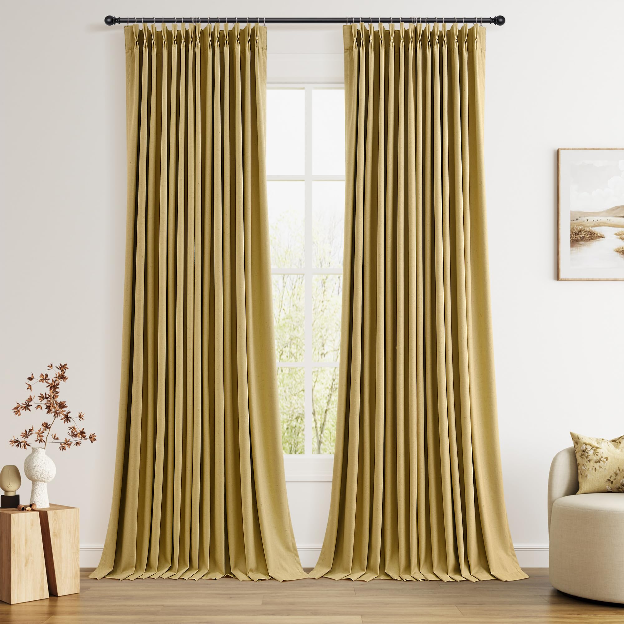 100% Blackout Sage Green Linen Curtains Pinch Pleated Green Blackout Curtains 84 Inches Long for Bedroom Living Room Memory Shaped Thermal Insulated Pinch Pleat Drapes with Hooks Rings Clips 7FT