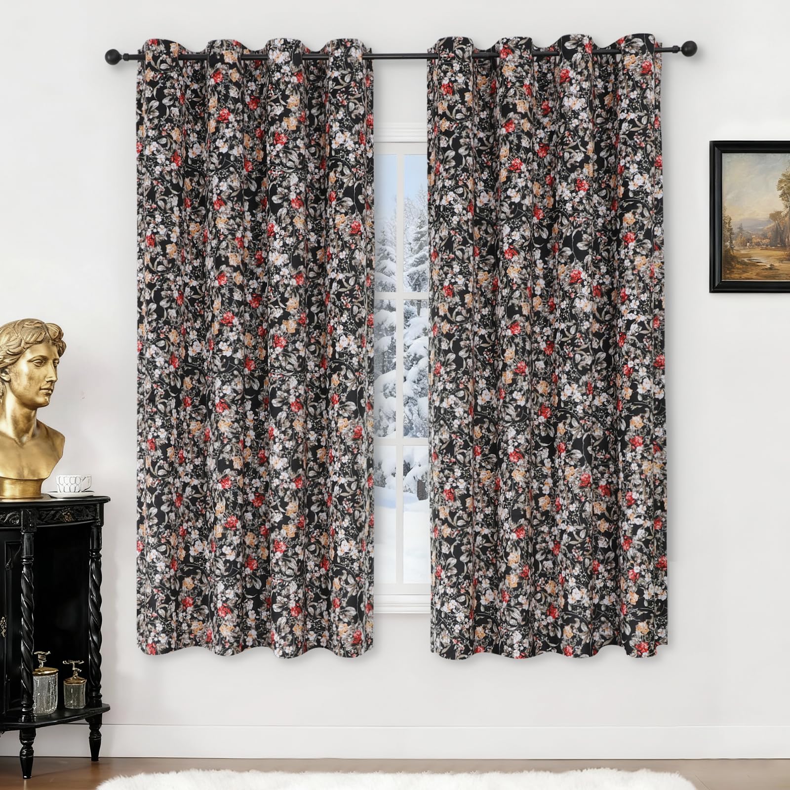 Estelar Textiler Black Velvet Blackout Curtains 84 Inch Long for Living Room, Luxury Floral Printed Energy Saving Thermal Insulated Light Blocking Window Grommet Drapes for Bedroom, 52Wx84L, 2 Panels