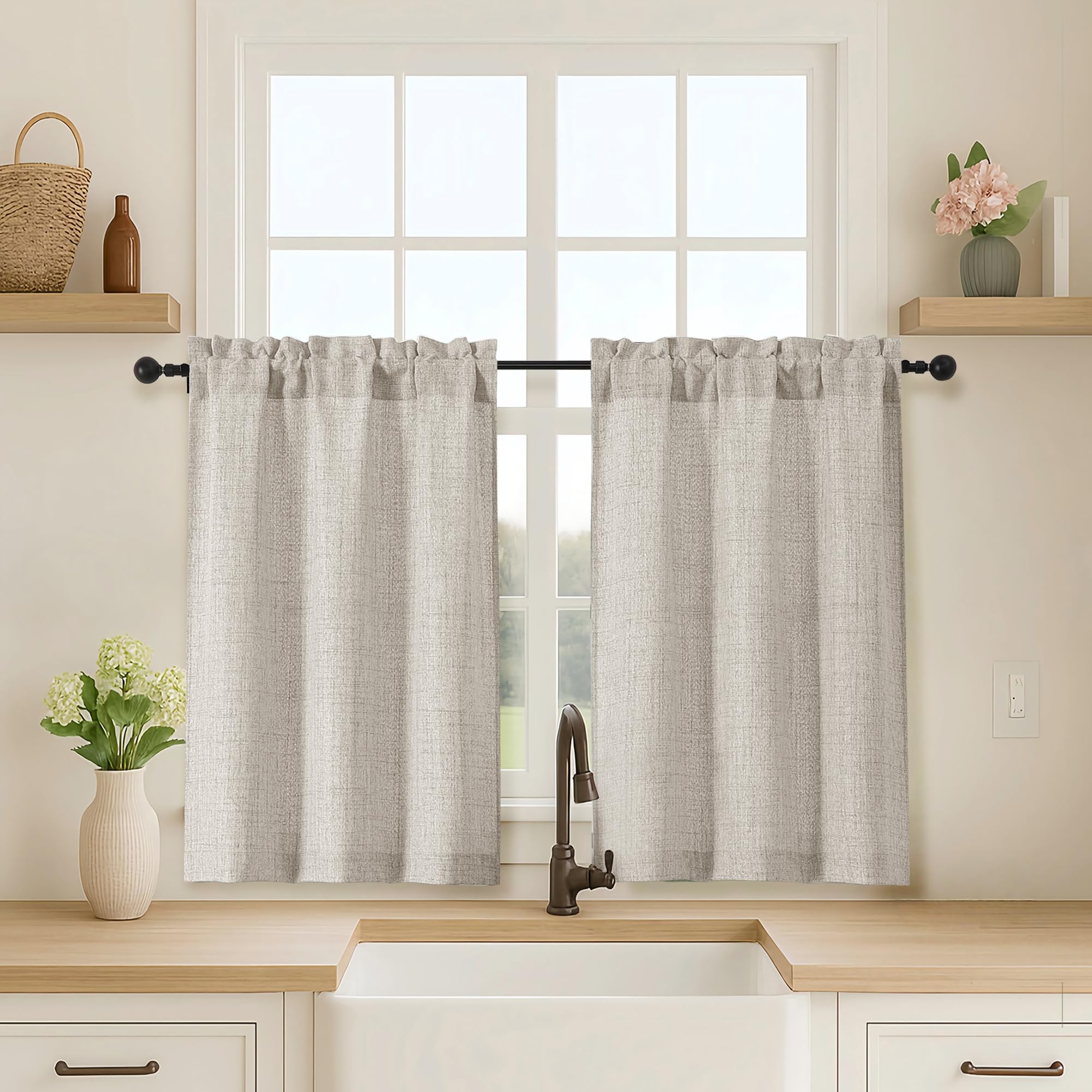 OVZME Kitchen Curtains 24 Inch Length, Light Filtering Faux Linen Textured Small Cafe Curtains, Short Window Curtain Tiers for Cabinet Bathroom Basement RV Camper, 30Wx24L Inch, 2PCS, Terracotta