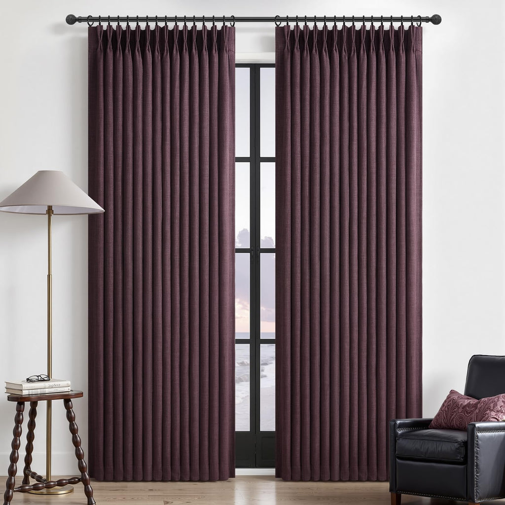 100% Blackout Linen 96 Inch Curtains 2 Panel Set for Bedroom, Modern Pinch Pleated Natural Linen Off Beige White Insulated Heavy Curtain 40 x 96 Inches Length Sliding Glass Door Room Darkening Drapes