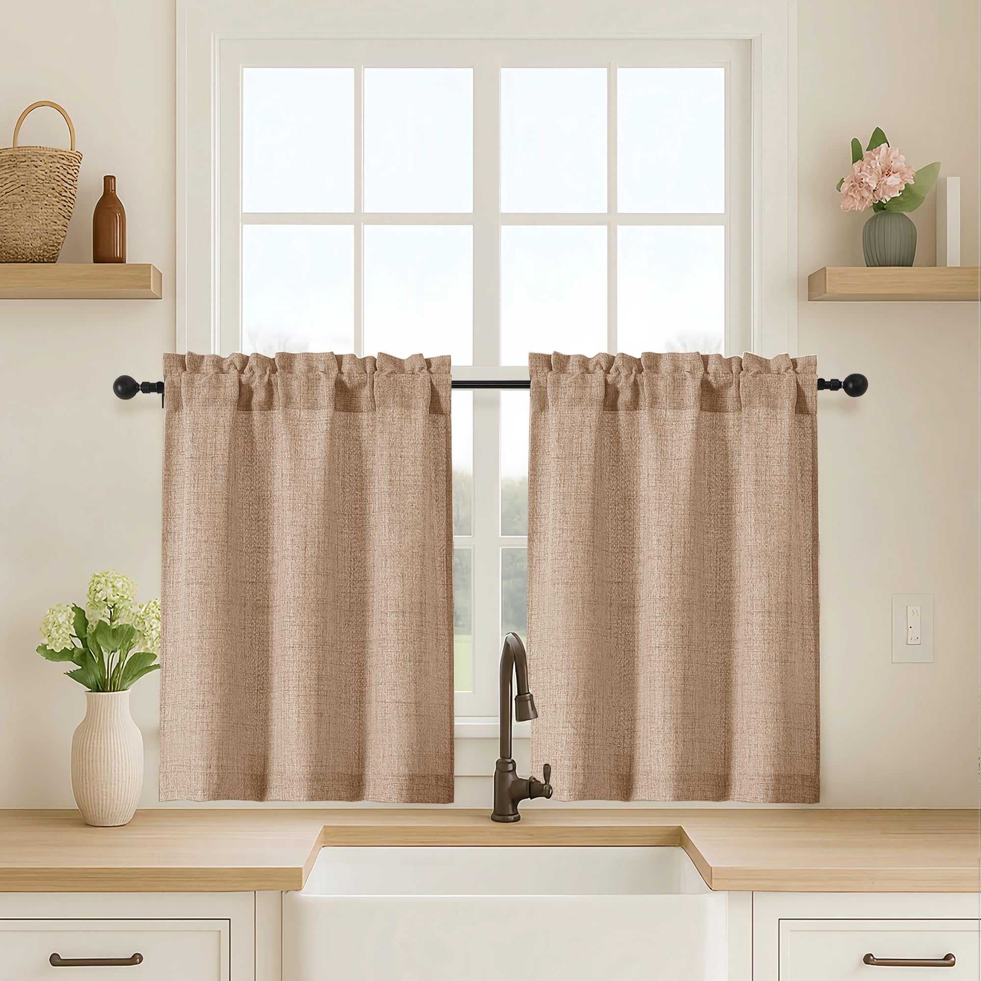OVZME Kitchen Curtains 24 Inch Length, Light Filtering Faux Linen Textured Small Cafe Curtains, Short Window Curtain Tiers for Cabinet Bathroom Basement RV Camper, 30Wx24L Inch, 2PCS, Terracotta