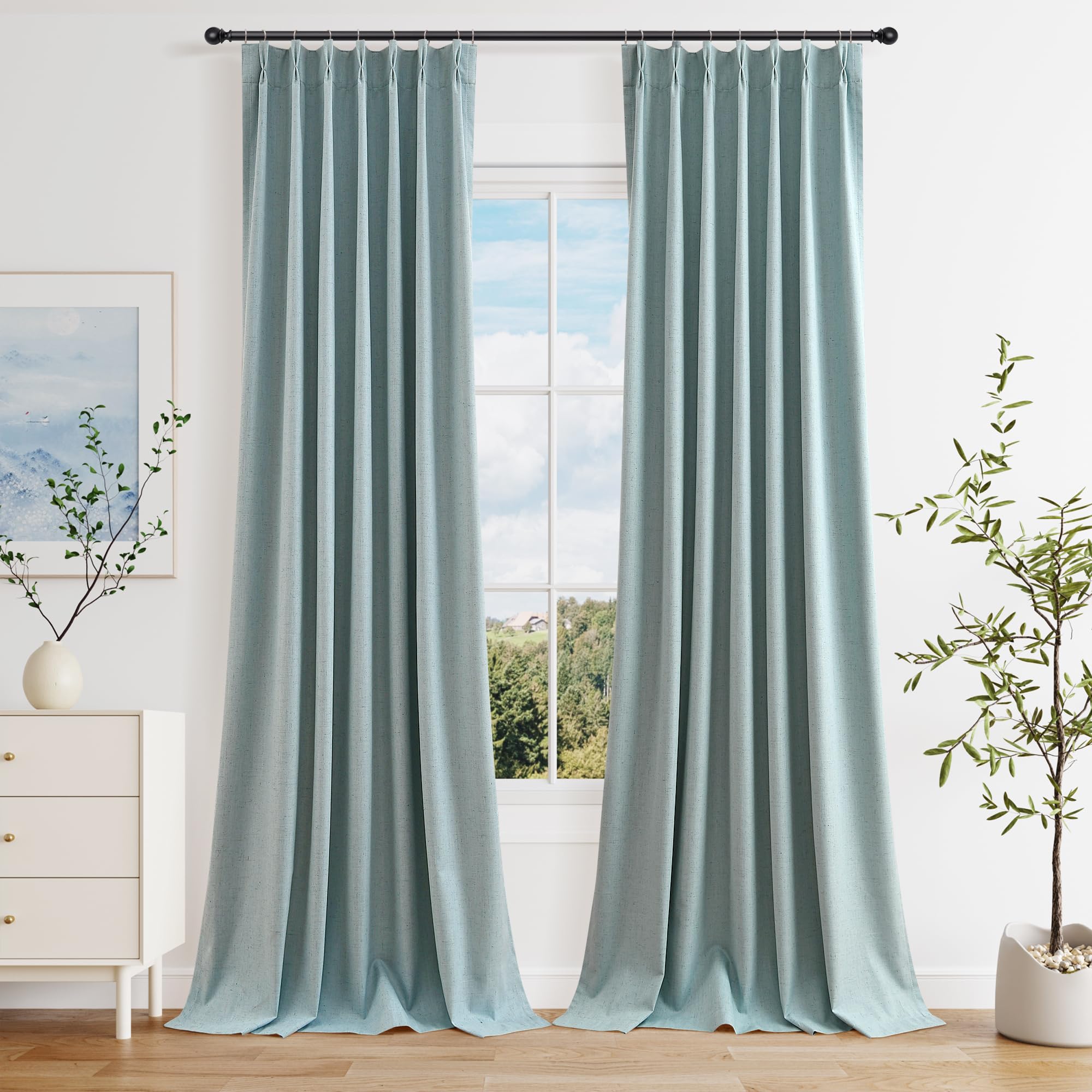 100% Blackout Sage Green Linen Curtains Pinch Pleated Green Blackout Curtains 84 Inches Long for Bedroom Living Room Memory Shaped Thermal Insulated Pinch Pleat Drapes with Hooks Rings Clips 7FT