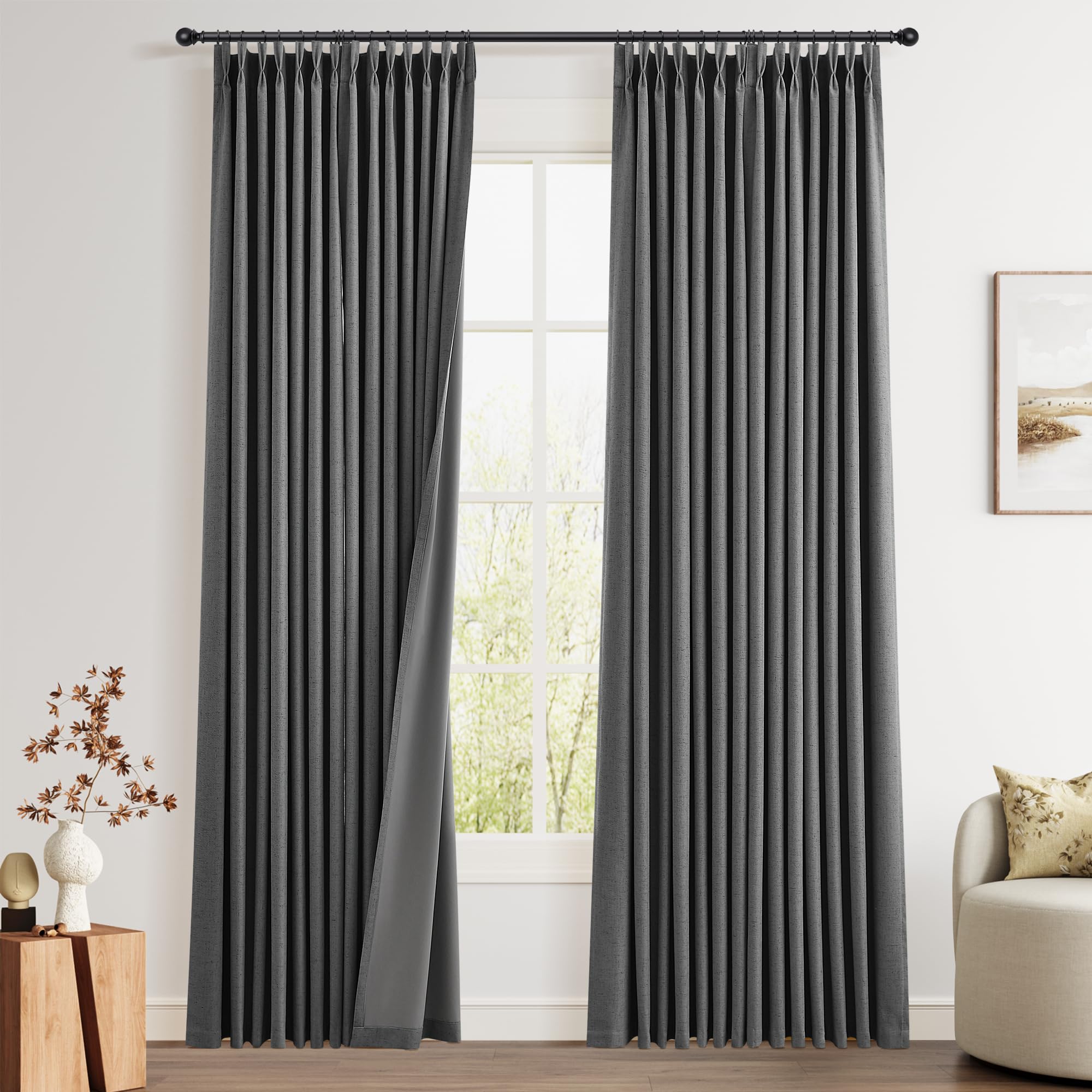 100% Blackout Sage Green Linen Curtains Pinch Pleated Green Blackout Curtains 84 Inches Long for Bedroom Living Room Memory Shaped Thermal Insulated Pinch Pleat Drapes with Hooks Rings Clips 7FT