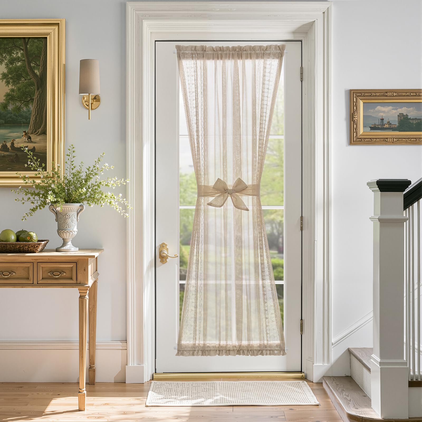 jinchan French Door Curtain Privacy Boho Embroidered Semi Sheer Voile Front Curtain for Window Doorway Closet, Door Panel with Tieback Rod Pocket 1 Panel (White on Beige, 55W x 40L Inch)