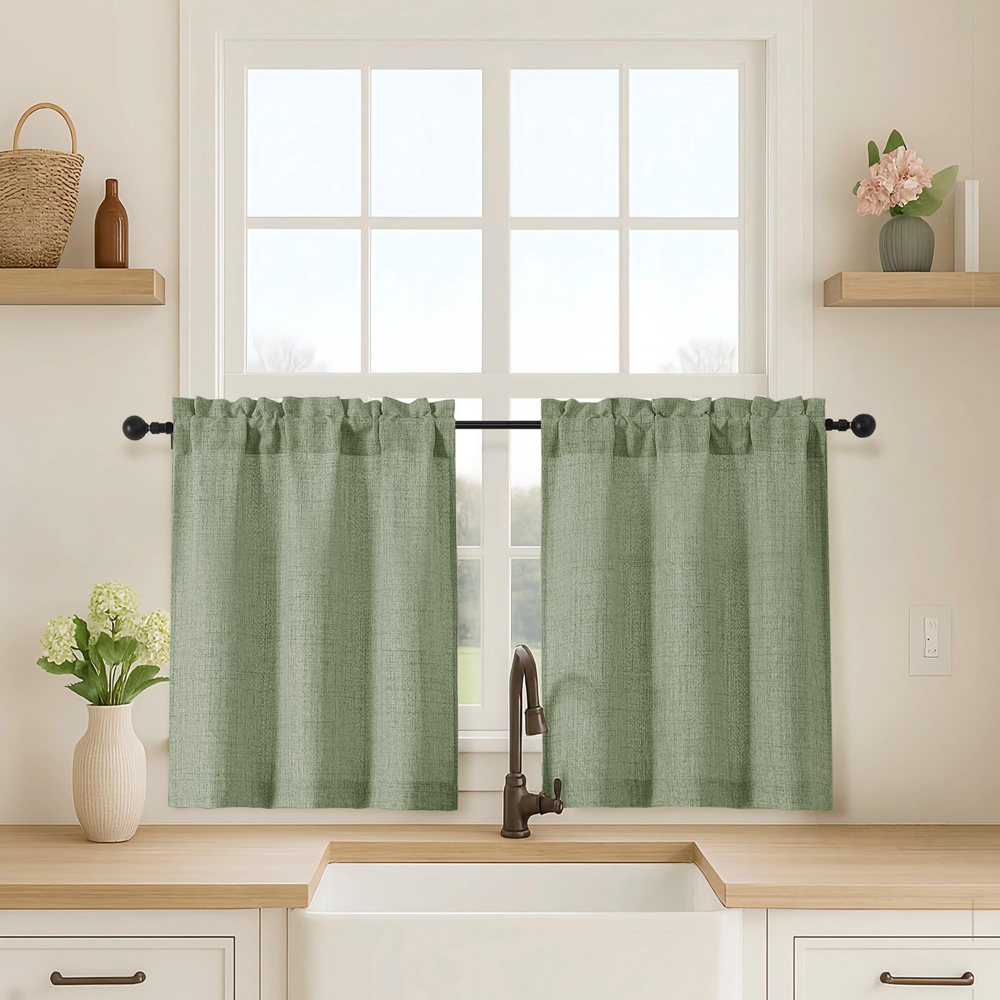 OVZME Kitchen Curtains 24 Inch Length, Light Filtering Faux Linen Textured Small Cafe Curtains, Short Window Curtain Tiers for Cabinet Bathroom Basement RV Camper, 30Wx24L Inch, 2PCS, Terracotta