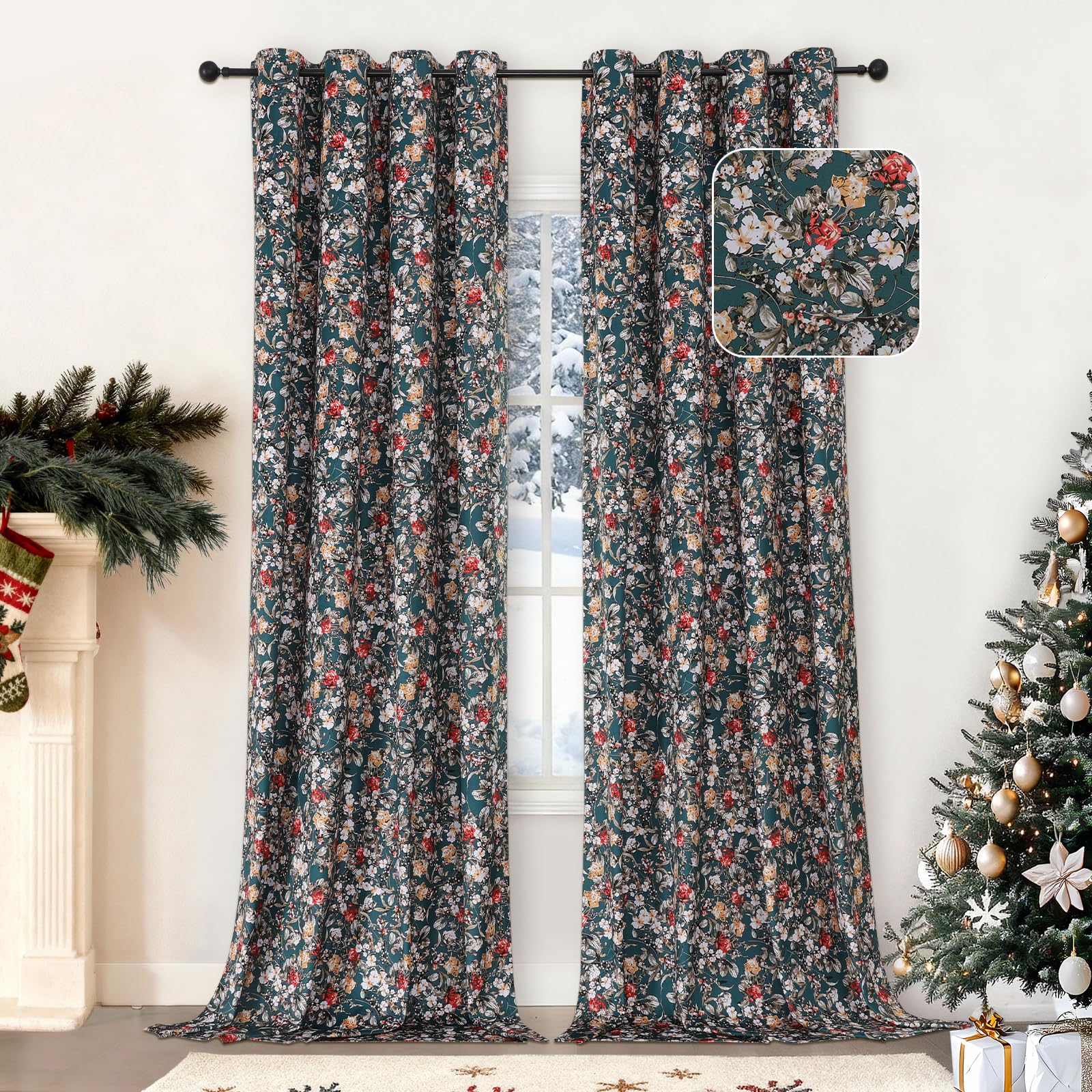 Estelar Textiler Black Velvet Blackout Curtains 84 Inch Long for Living Room, Luxury Floral Printed Energy Saving Thermal Insulated Light Blocking Window Grommet Drapes for Bedroom, 52Wx84L, 2 Panels