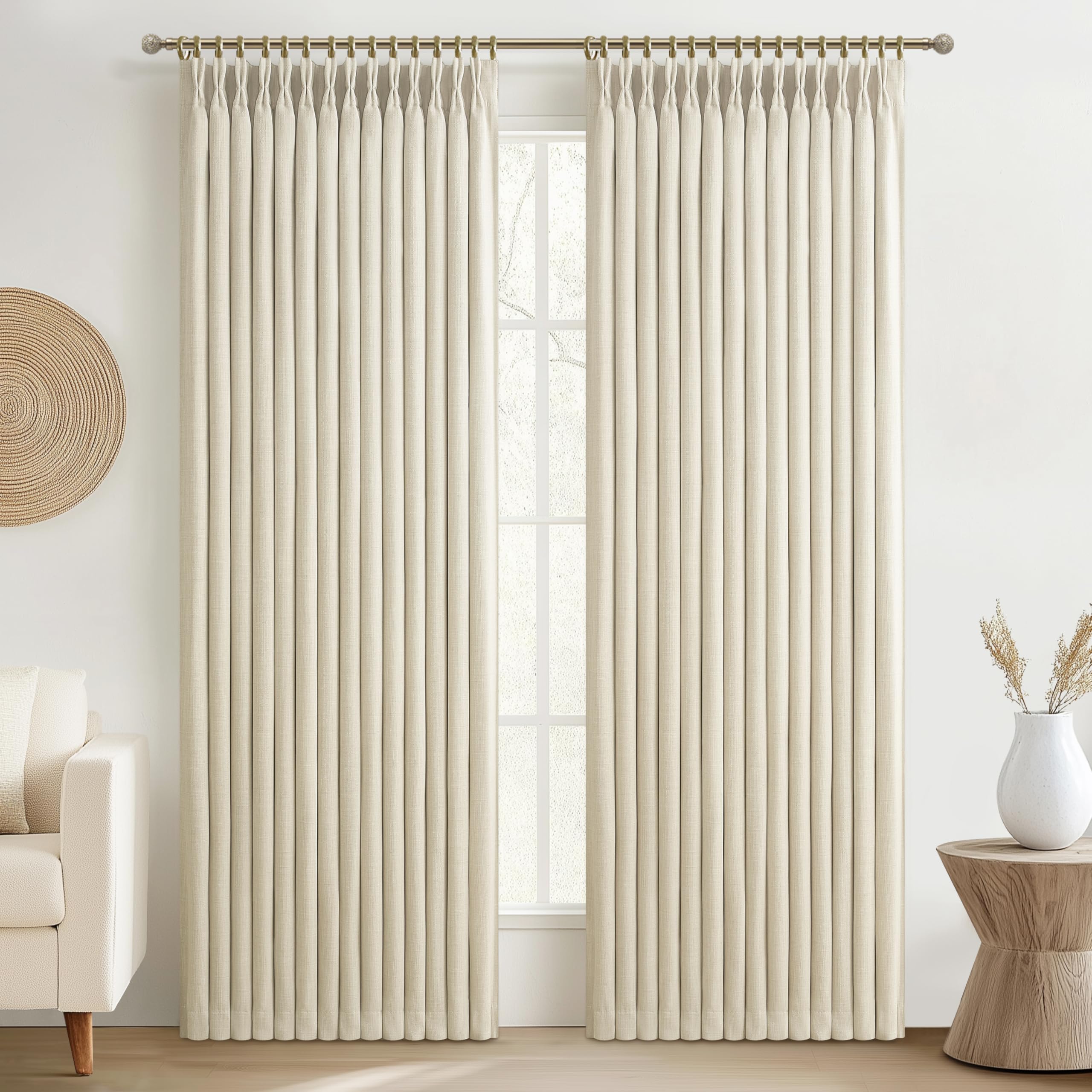 100% Blackout Linen 96 Inch Curtains 2 Panel Set for Bedroom, Modern Pinch Pleated Natural Linen Off Beige White Insulated Heavy Curtain 40 x 96 Inches Length Sliding Glass Door Room Darkening Drapes