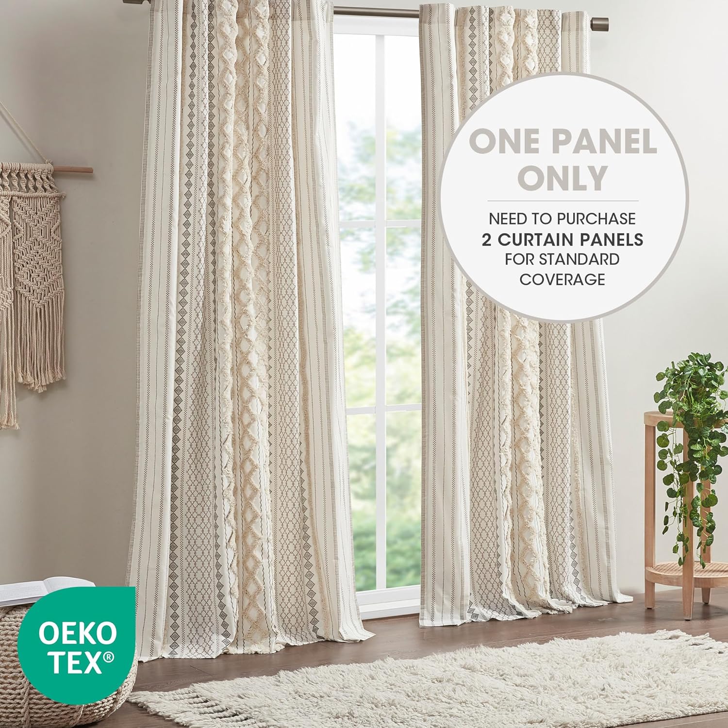 INK+IVY Imani 100% Cotton SINGLE PANEL Curtain Tufted Chenille Stripe Geometric Print Mid-Century Look Rod Pocket Top Drape for Living Room, Privacy Window Treatment for Bedroom, 50" x 84", Ivory