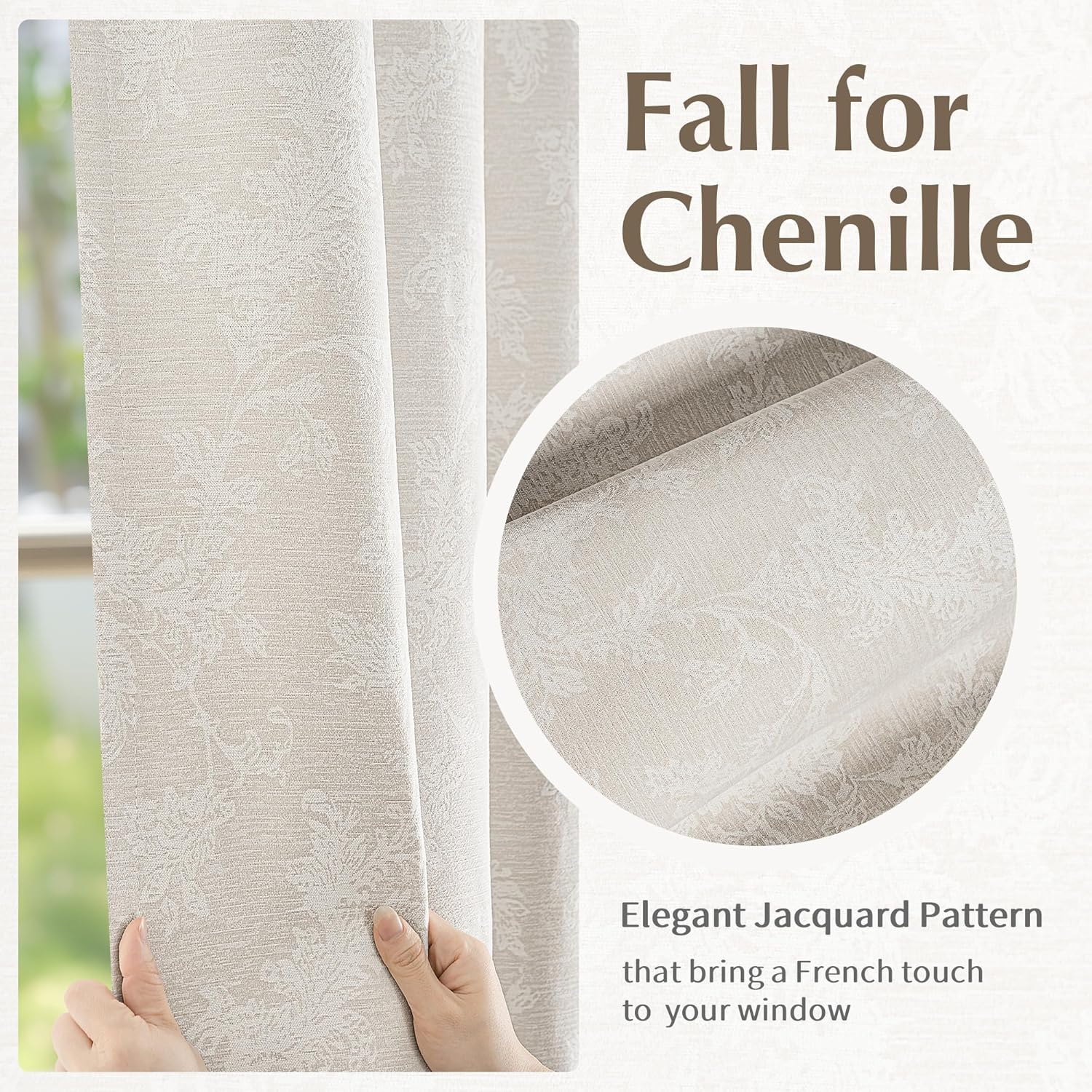 FMFUNCTEX Beige Floral Jacquard Blackout Curtains 72 Inches Long for Bedroom, Scroll Flower Chenille Farmhouse Curtains for Living Room Darkening Thermal Insulated Grommet Window Drapes 2 Panels