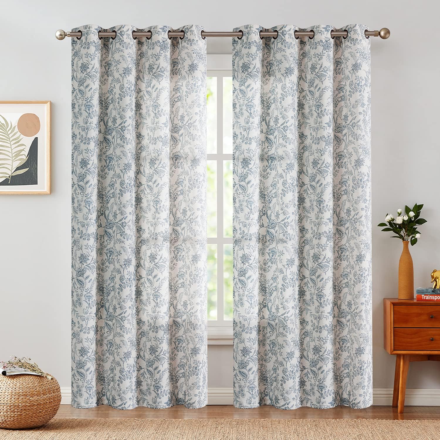 Lazzzy Linen Farmhouse Curtains for Living Room 84 Inch Length Floral Print Window Curtains Semi Sheer Drapes for Bedroom Country Light Filtering Curtain Grommet Top 2 Panels Blue on Beige