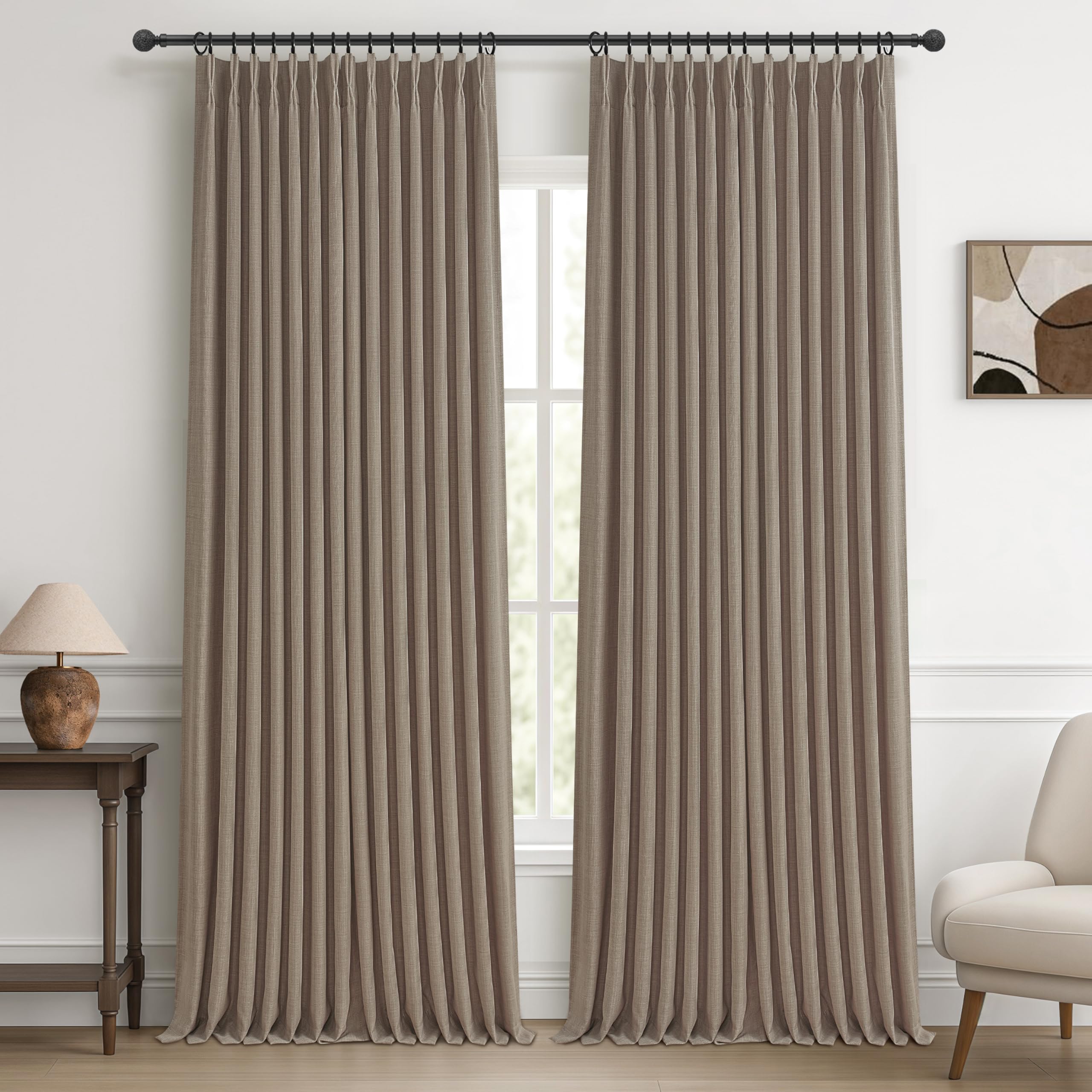 100% Blackout Linen 96 Inch Curtains 2 Panel Set for Bedroom, Modern Pinch Pleated Natural Linen Off Beige White Insulated Heavy Curtain 40 x 96 Inches Length Sliding Glass Door Room Darkening Drapes