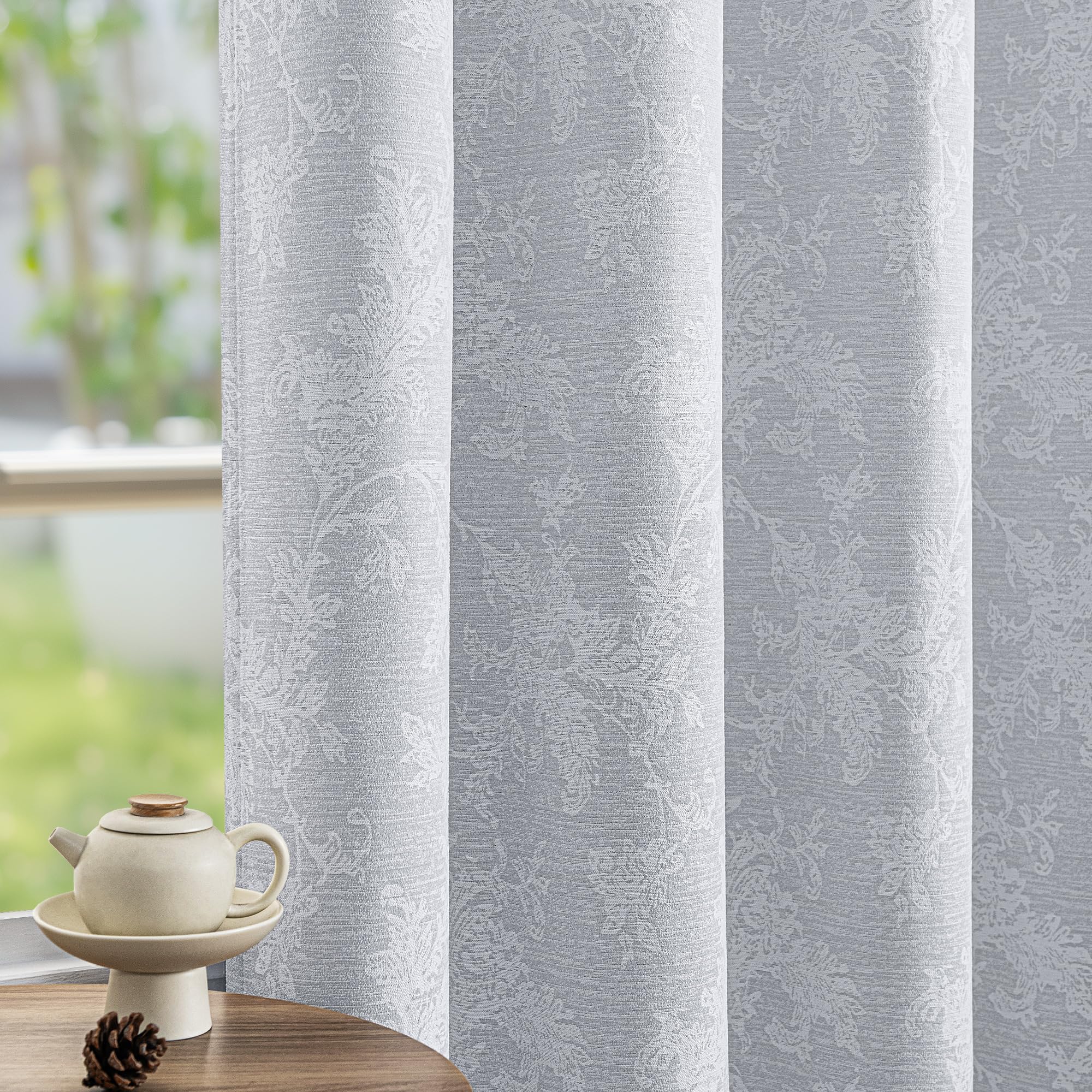 FMFUNCTEX Beige Floral Jacquard Blackout Curtains 72 Inches Long for Bedroom, Scroll Flower Chenille Farmhouse Curtains for Living Room Darkening Thermal Insulated Grommet Window Drapes 2 Panels