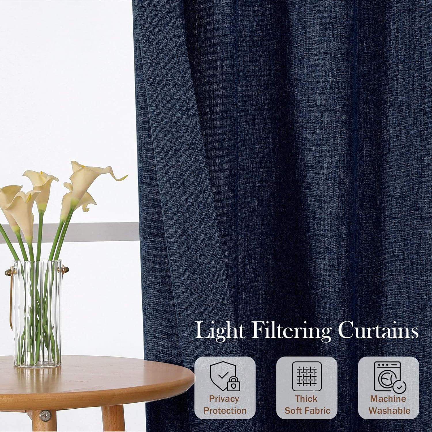 Navy Blue Kitchen Curtains 24 Inch Length - Faux Linen Textured Light Filtering Short Curtains for Bathroom, Rod Pocket Small Kitchen Window Curtains Over Sink, 2 Panels, 30Wx24L Inches