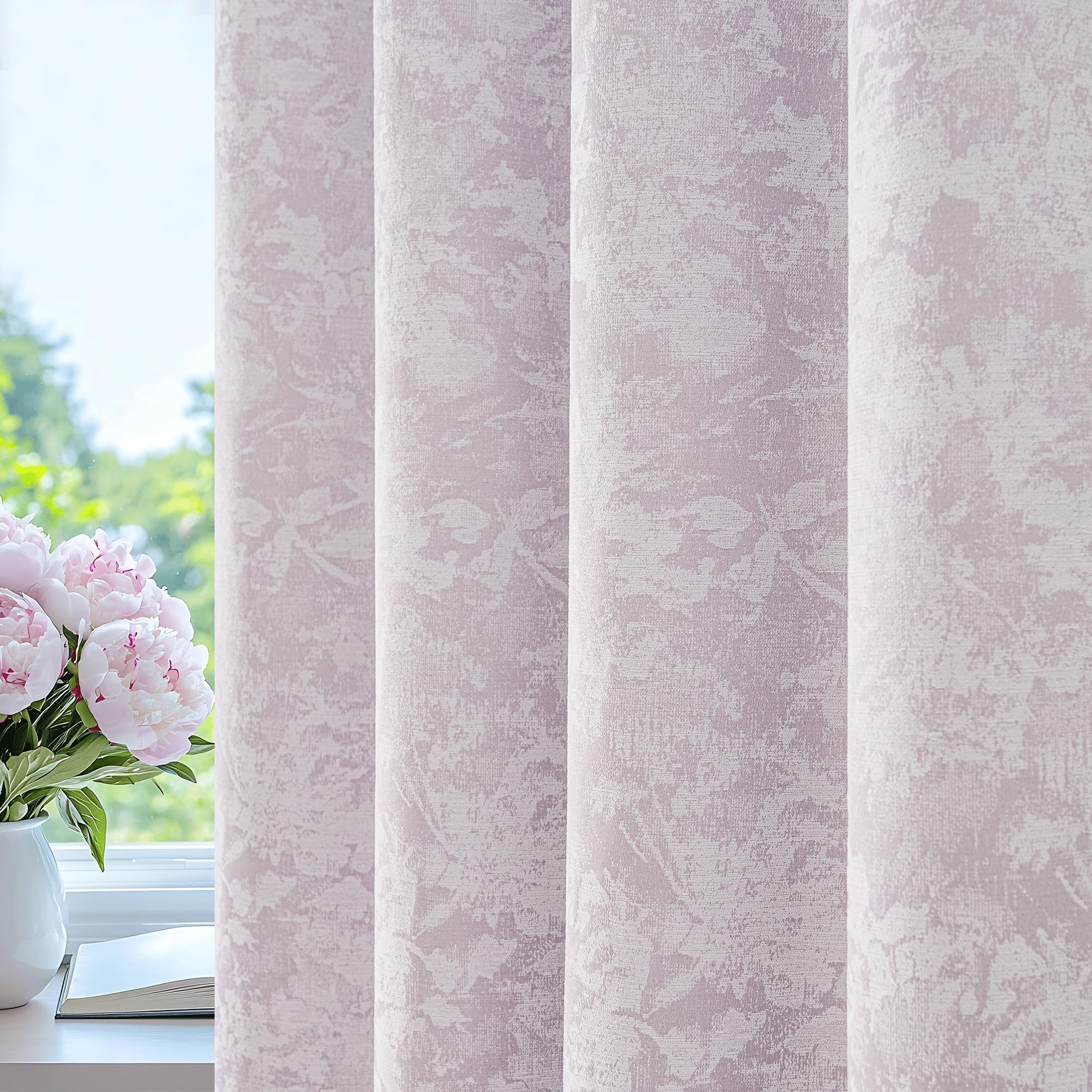 Beauoop Beige Floral Jacquard Blackout Curtains 84 Inches Long 2 Panels for Bedroom Living Room Flower Chenille Room Darkening Thermal Insulated Soundproof Grommet Window Treatments Drapes 52x84x2