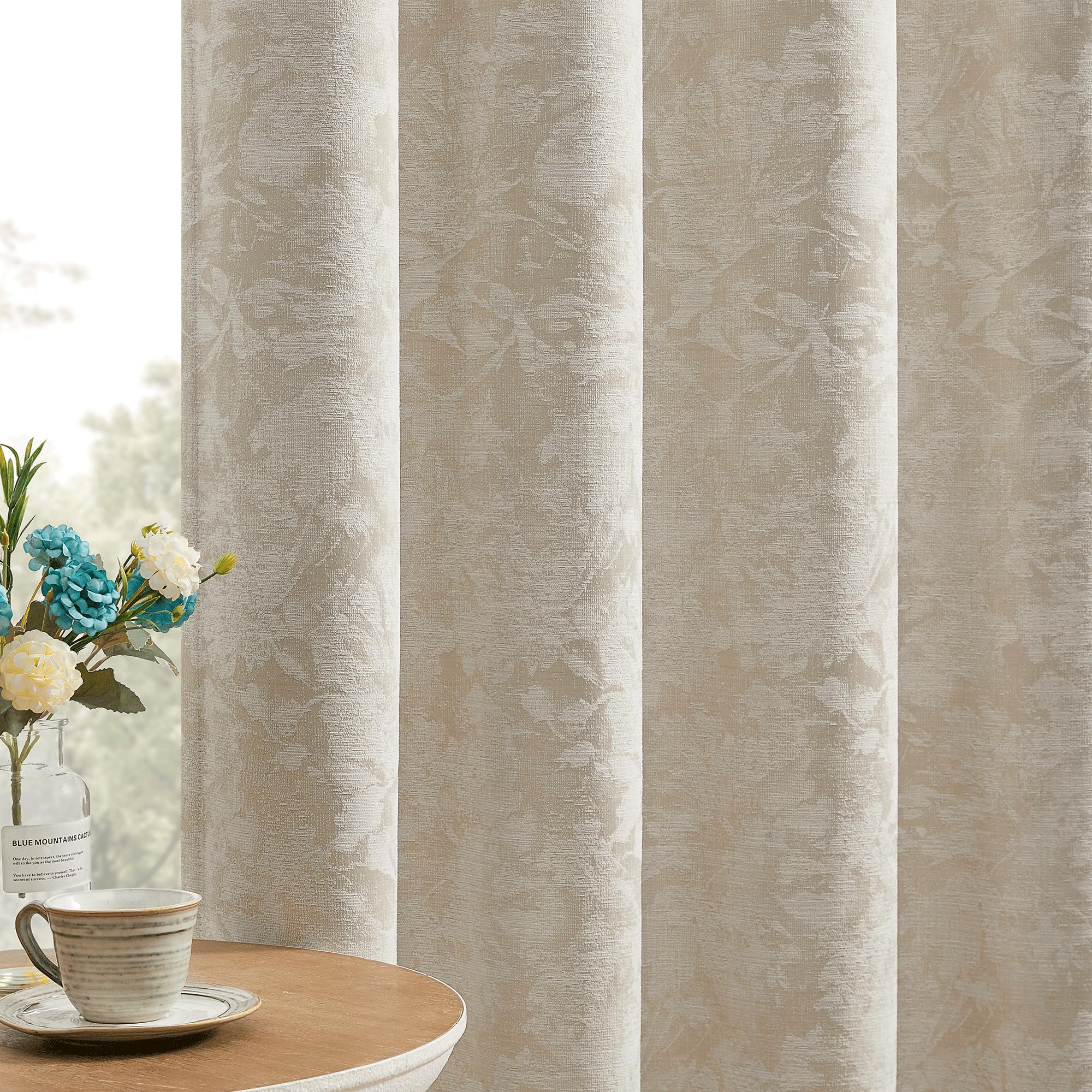 Beauoop Beige Floral Jacquard Blackout Curtains 84 Inches Long 2 Panels for Bedroom Living Room Flower Chenille Room Darkening Thermal Insulated Soundproof Grommet Window Treatments Drapes 52x84x2