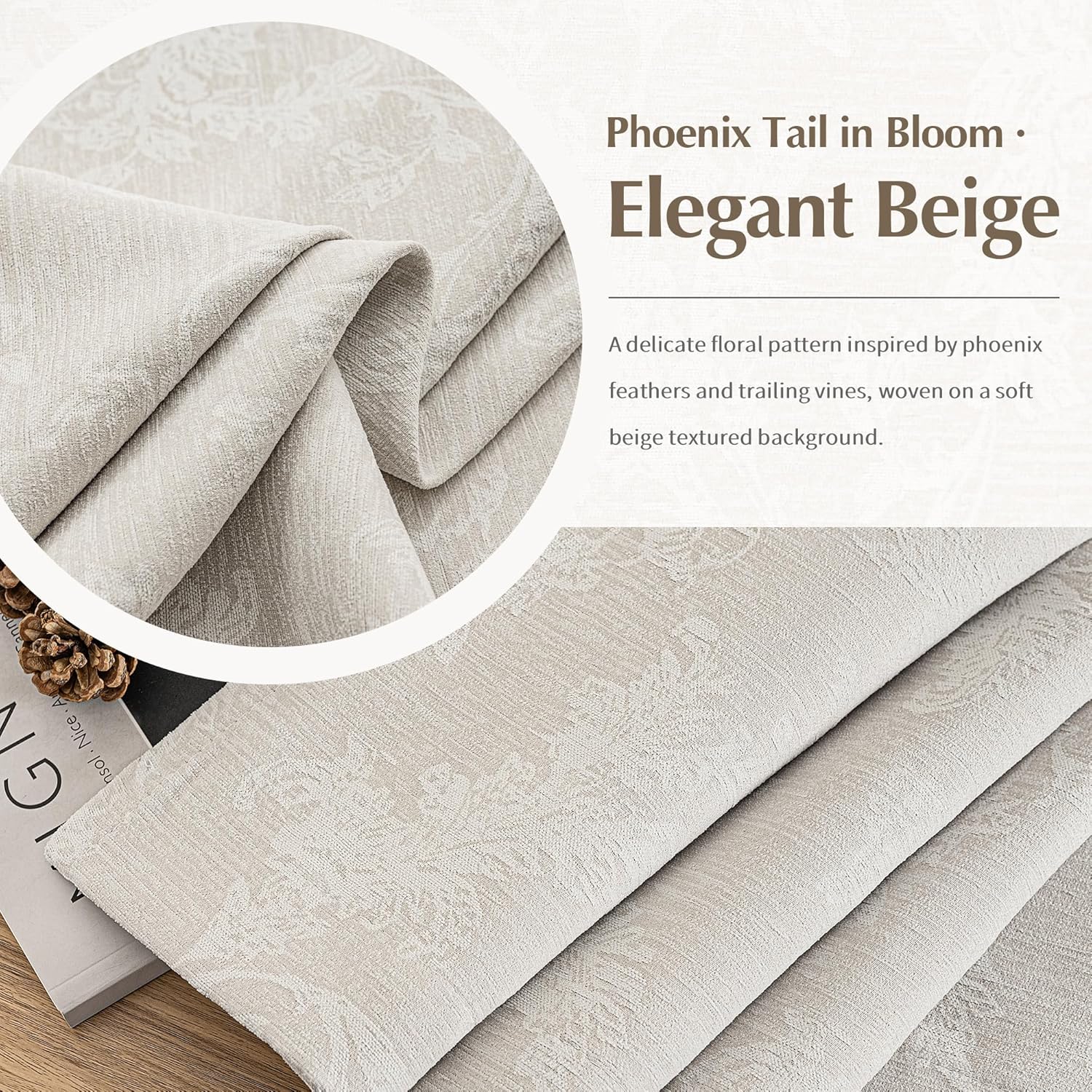 FMFUNCTEX Beige Floral Jacquard Blackout Curtains 72 Inches Long for Bedroom, Scroll Flower Chenille Farmhouse Curtains for Living Room Darkening Thermal Insulated Grommet Window Drapes 2 Panels