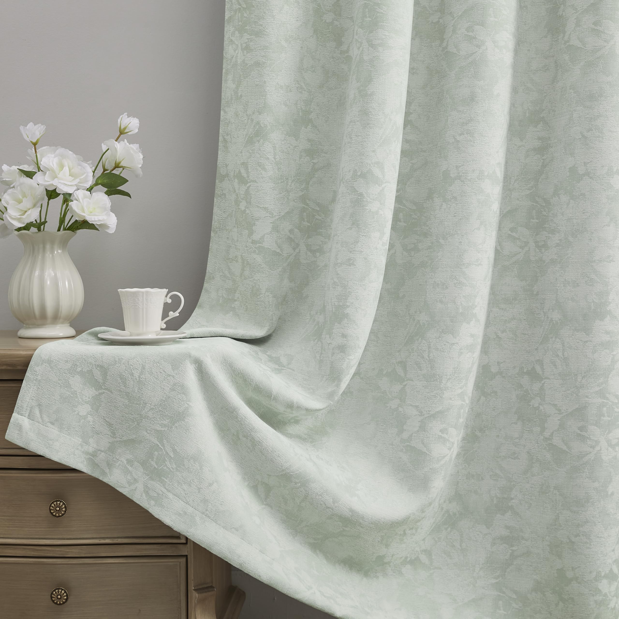 Beauoop Beige Floral Jacquard Blackout Curtains 84 Inches Long 2 Panels for Bedroom Living Room Flower Chenille Room Darkening Thermal Insulated Soundproof Grommet Window Treatments Drapes 52x84x2